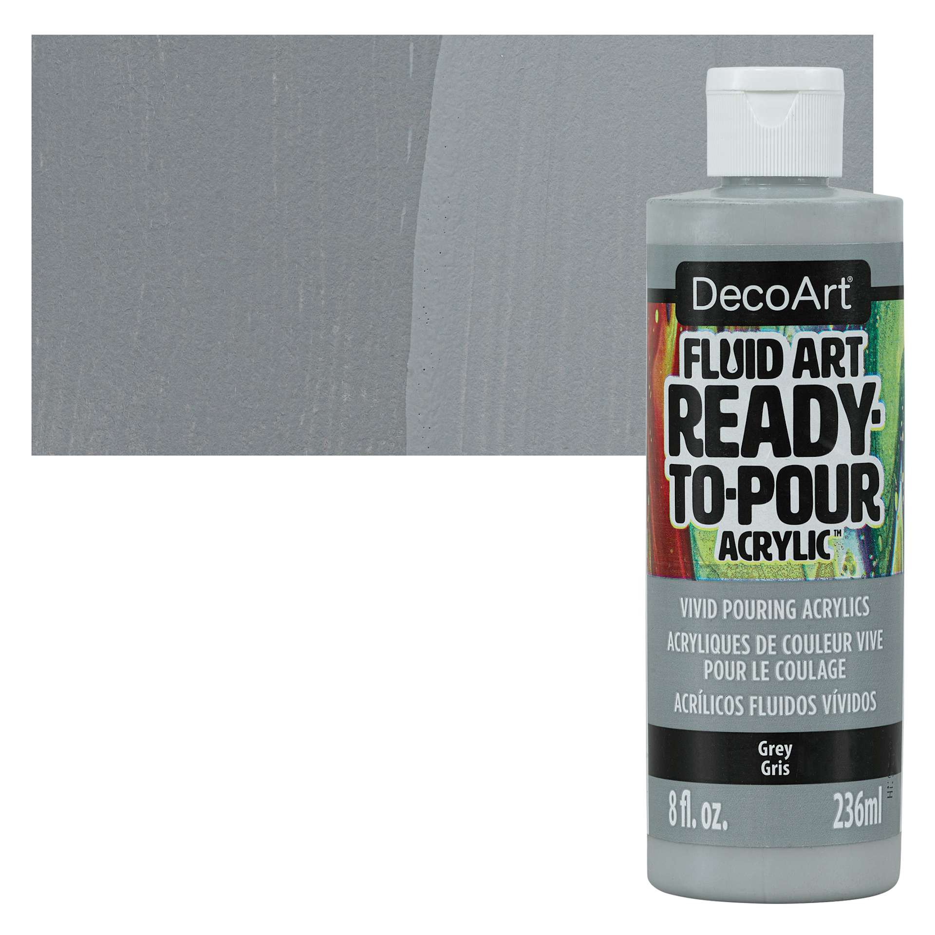 DecoArt Fluid Art Ready-To-Pour Acrylic - Grey, 8 oz Bottle and swatch