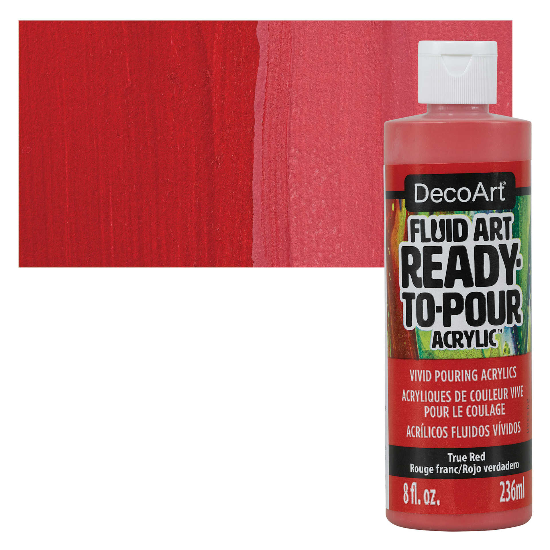 DecoArt Fluid Art Ready-To-Pour Acrylic - True Red, 8 oz Bottle and swatch