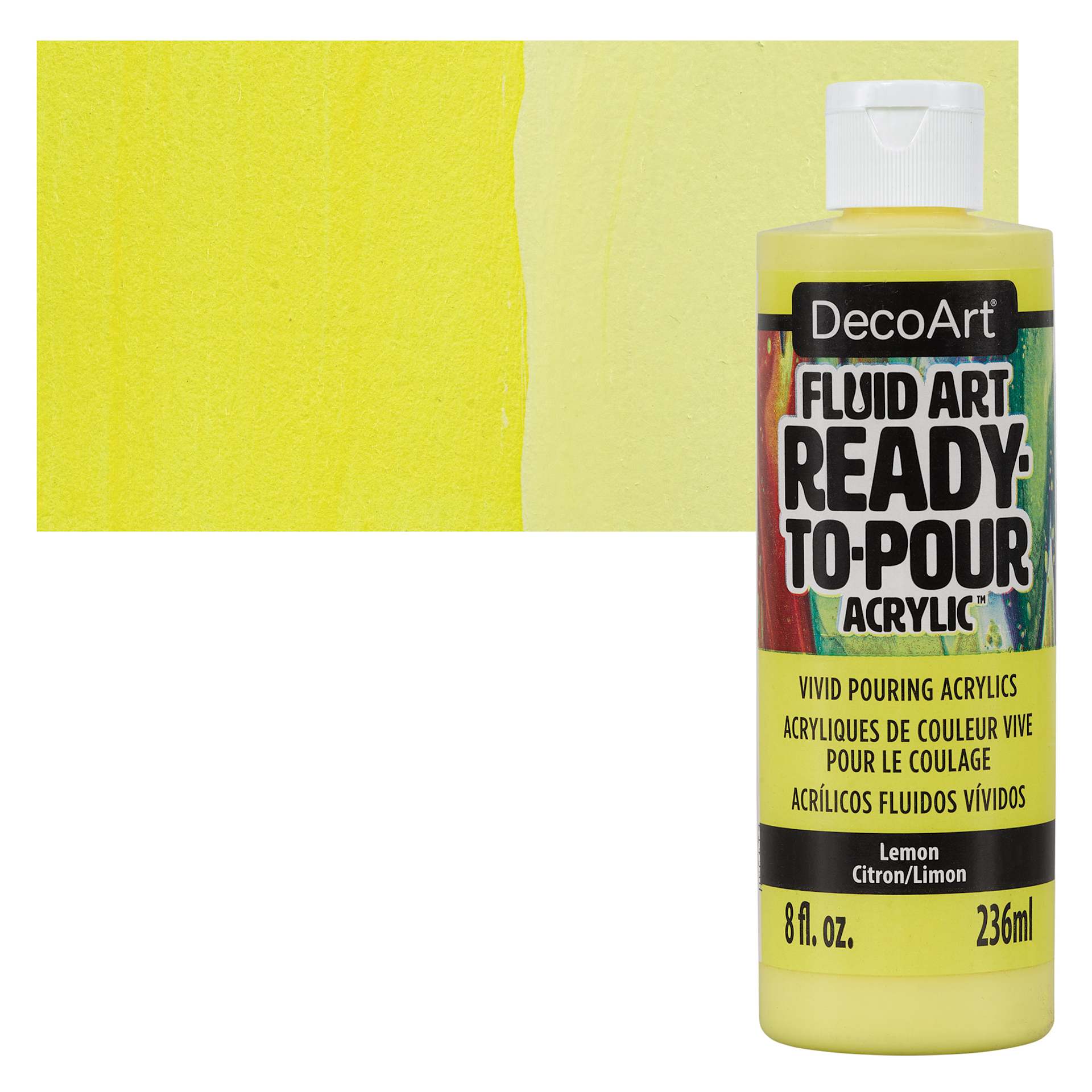 DecoArt Fluid Art Ready-To-Pour Acrylic - Lemon, 8 oz Bottle and swatch