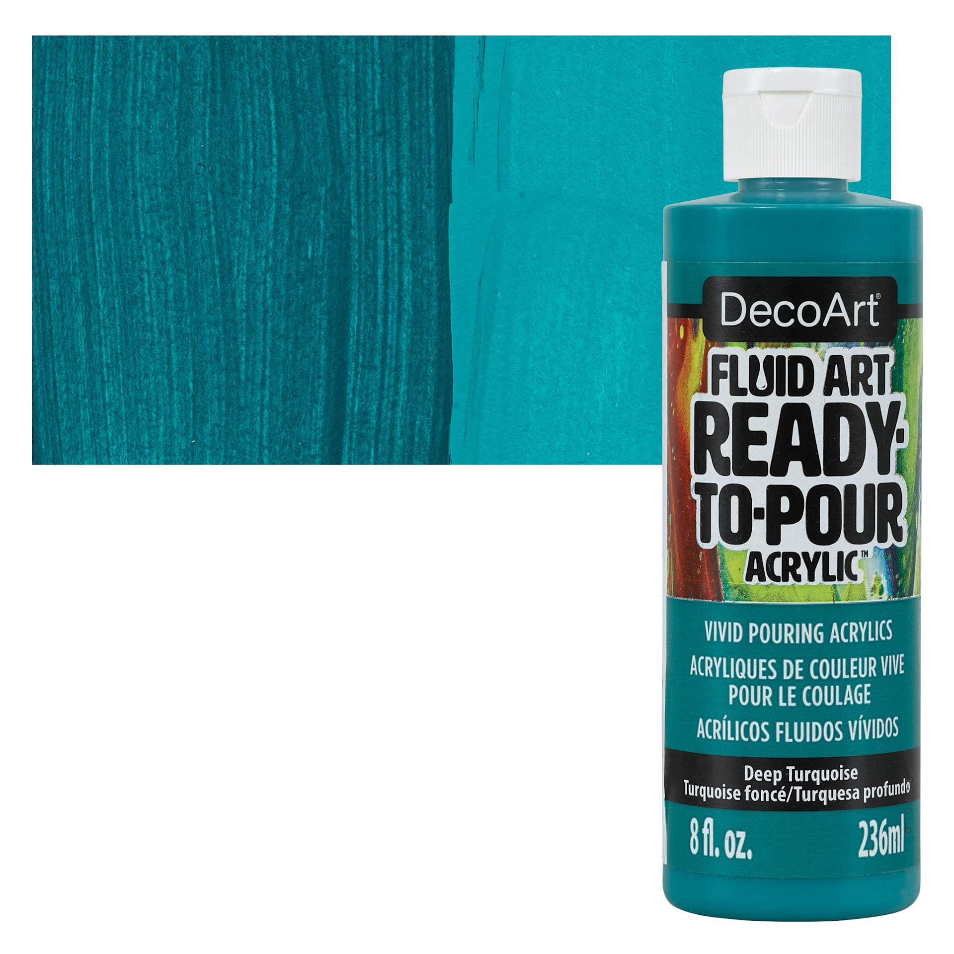 DecoArt Fluid Art Ready-To-Pour Acrylic - Deep Turquoise, 8 oz Bottle and swatch