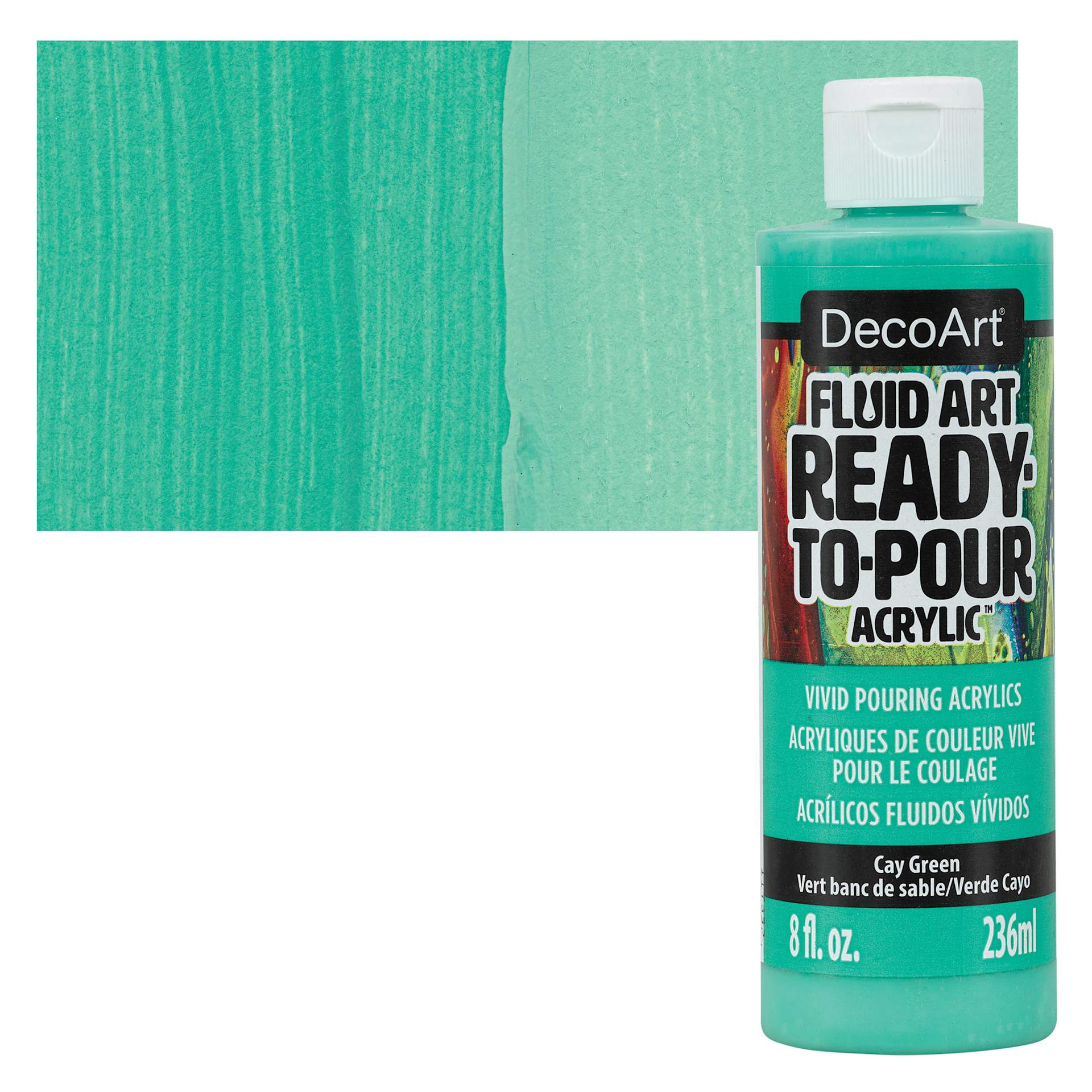 DecoArt Fluid Art Ready-To-Pour Acrylic - Cay Green, 8 oz Bottle and swatch