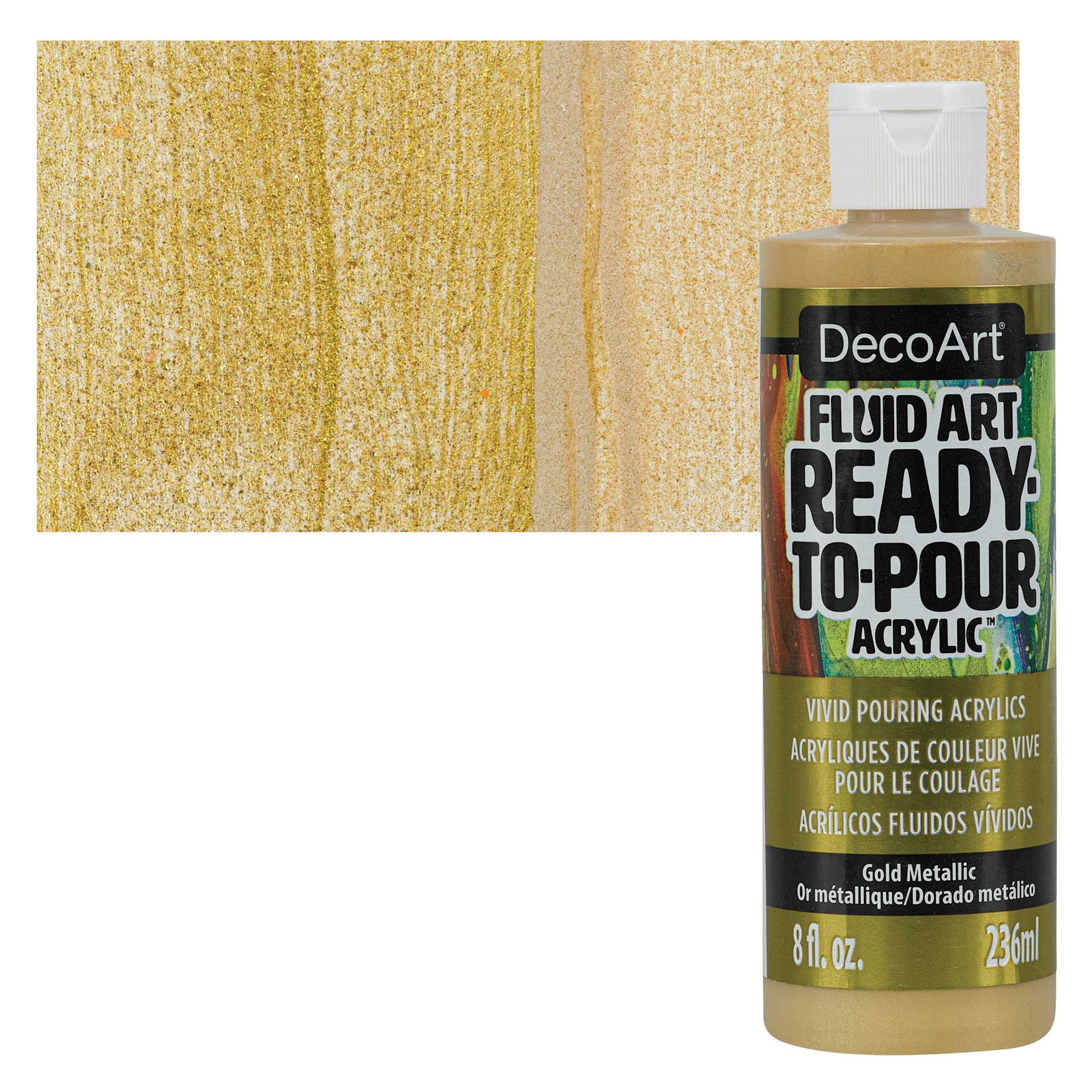 DecoArt Fluid Art Ready-To-Pour Acrylic - Gold (Metallic), 8 oz Bottle and swatch