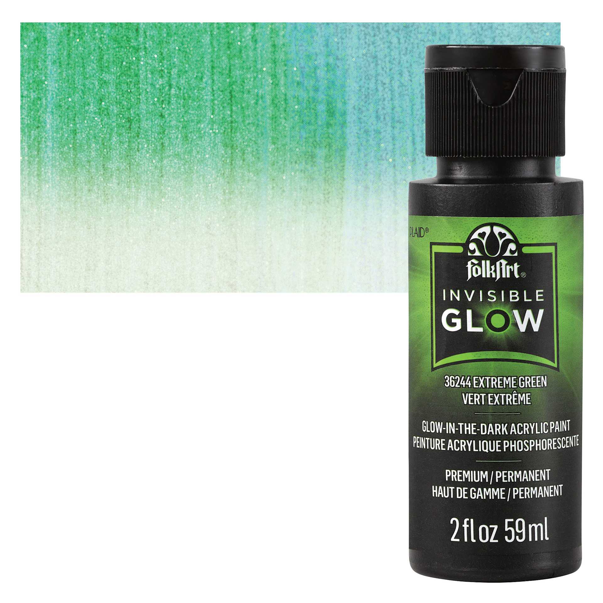 FolkArt Invisible Glow Acrylic Paint - Extreme Green, 2 oz bottle and swatch