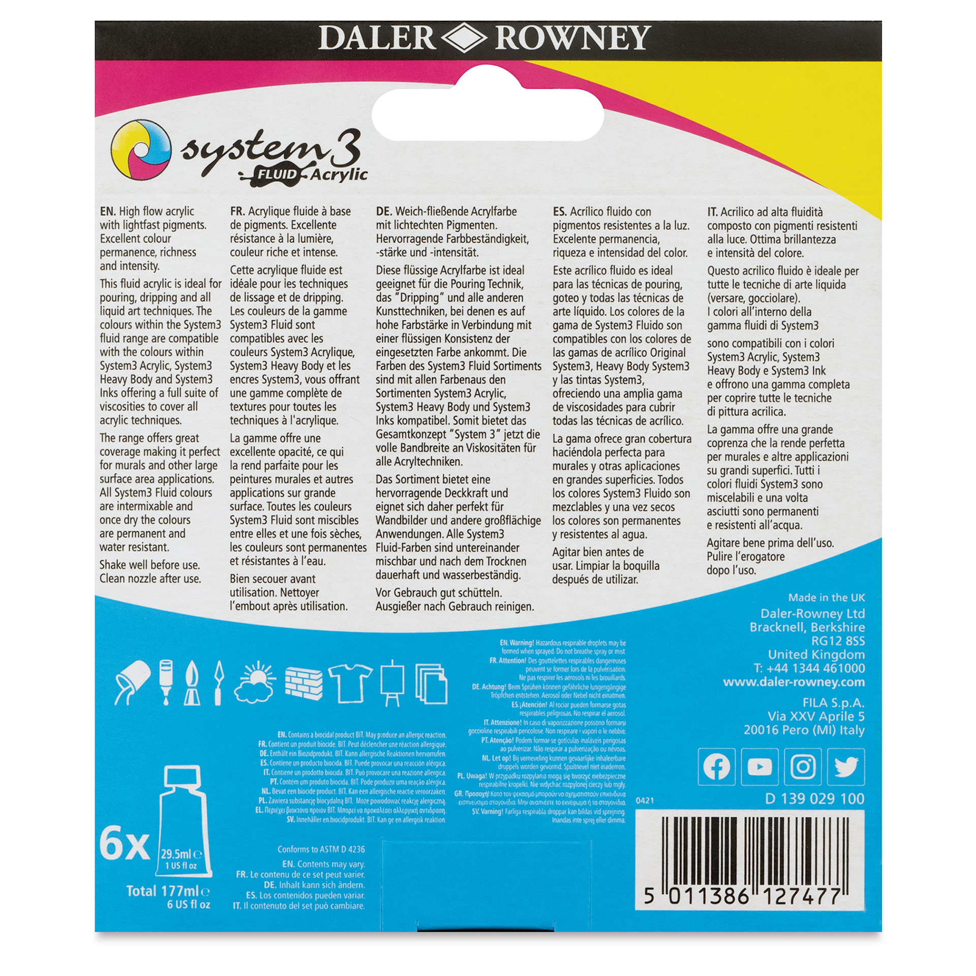 Daler-Rowney System3 Fluid Acrylics - Set of 6, 29.5 ml (Back of package)
