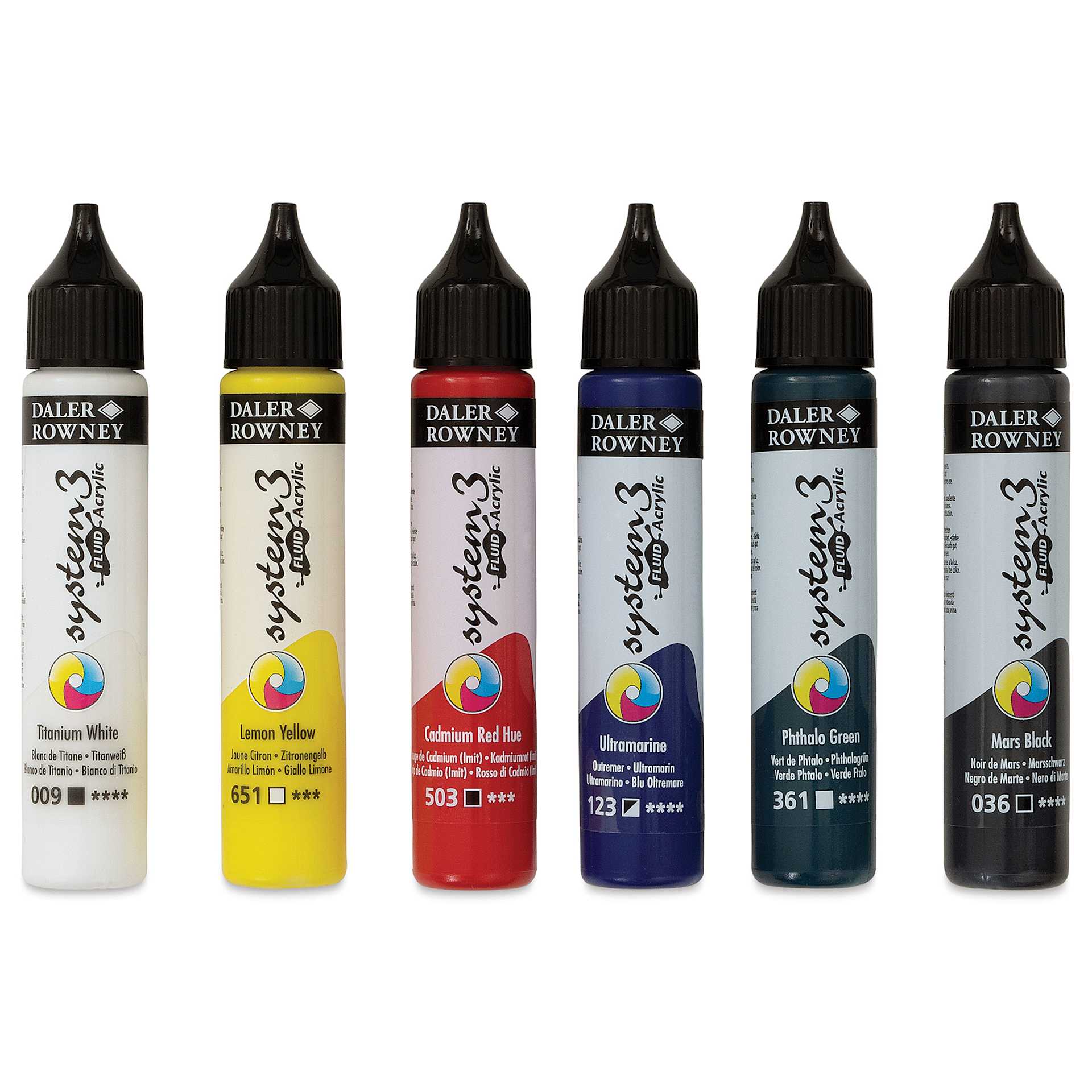 Daler-Rowney System3 Fluid Acrylics - Set of 6, 29.5 ml (Out of package) Daler-Rowney System3 Fluid Acrylics - Set of 6, 29.5 ml (Out of package)