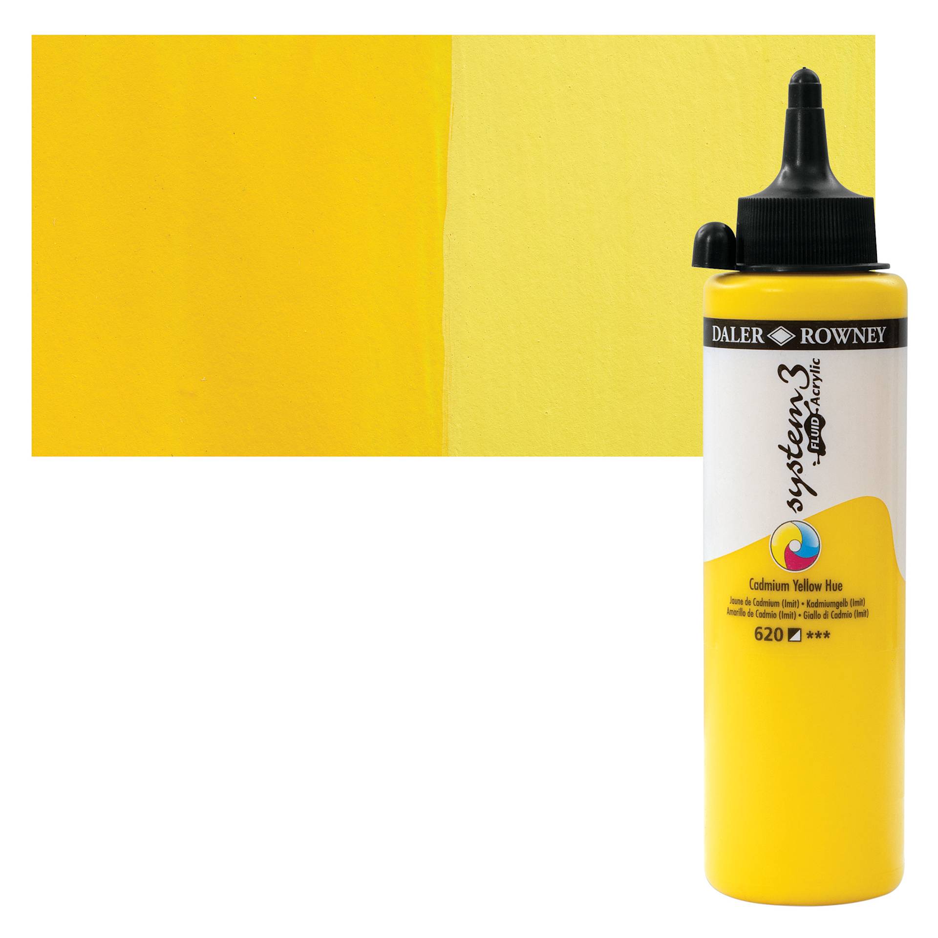 Daler-Rowney System3 Fluid Acrylic - Cadmium Yellow Hue, 250 ml bottle and swatch