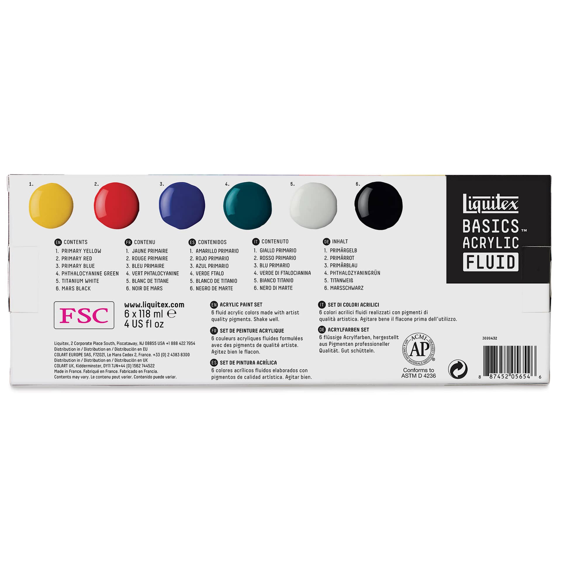 Liquitex Basics Acrylic Fluid Paint - Assorted Colors, Set of 6, 118 ml back of package
