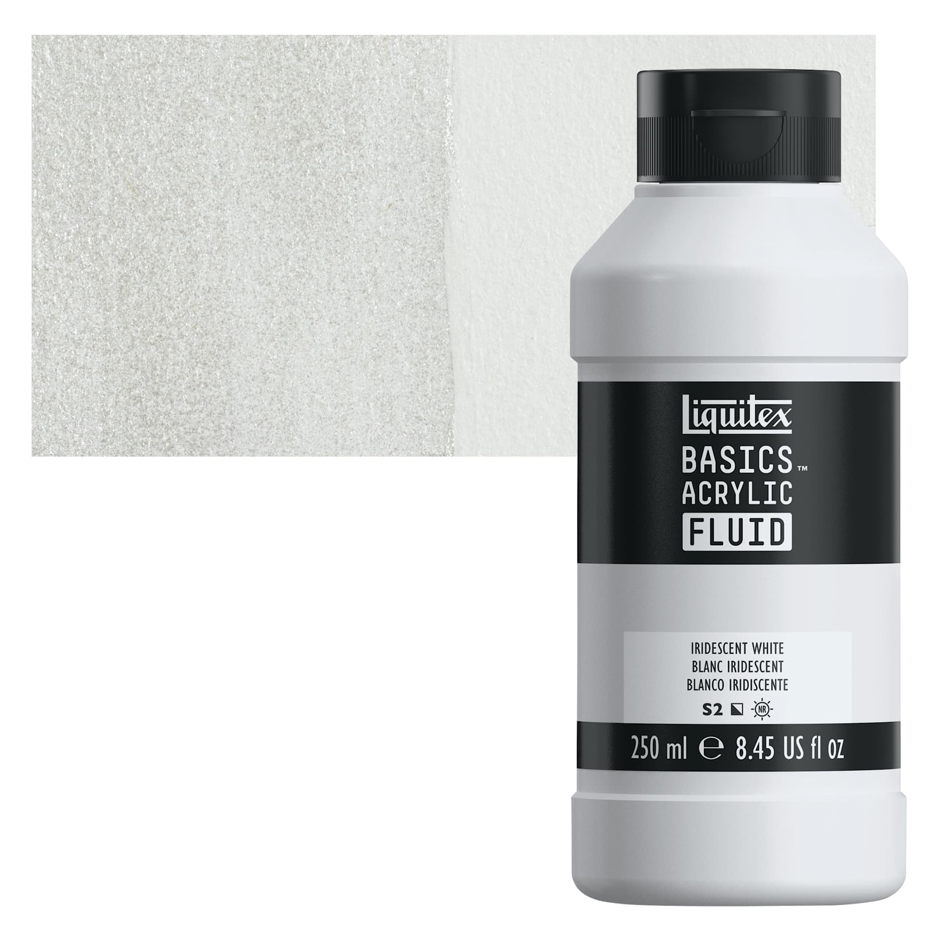 Liquitex Basics Acrylic Fluid Paint - Iridescent White, 250 ml bottle and swatch