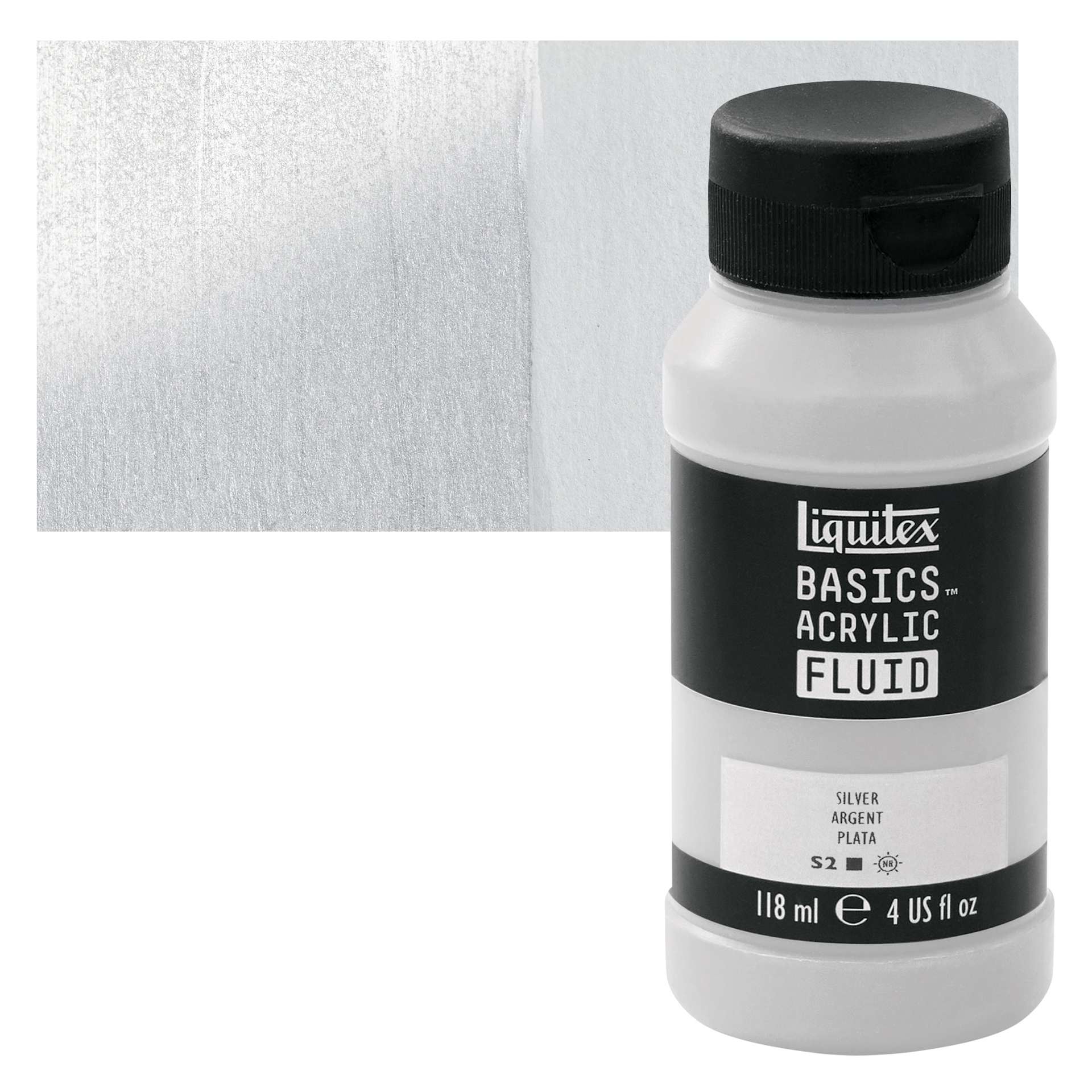 Liquitex Basics Acrylic Fluid Paint - Silver, 118 ml bottle and swatch