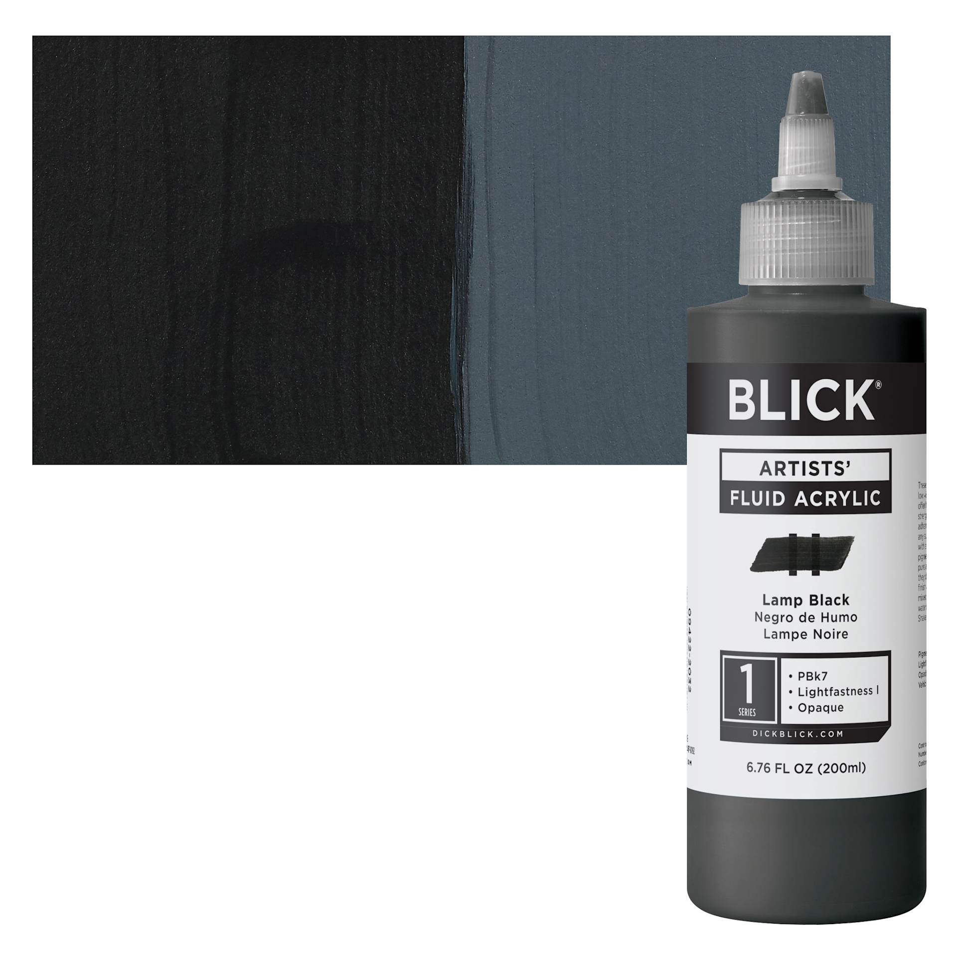 Blick Artists’ Fluid Acrylic - Lamp Black, 200 ml bottle and swatch