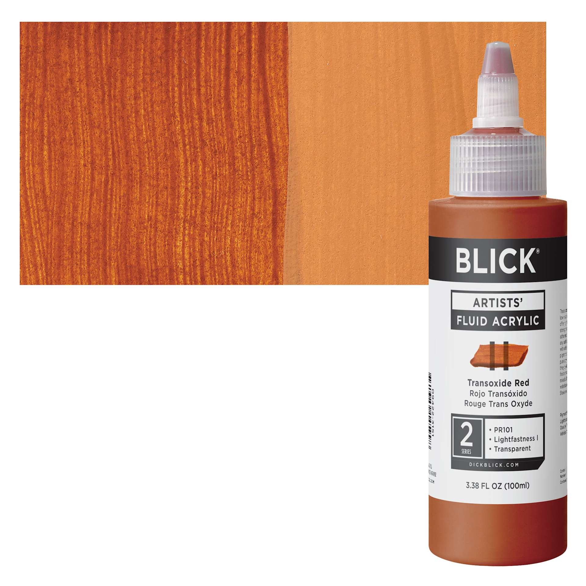 Blick Artists’ Fluid Acrylic - Transoxide Red, 100 ml bottle and swatch