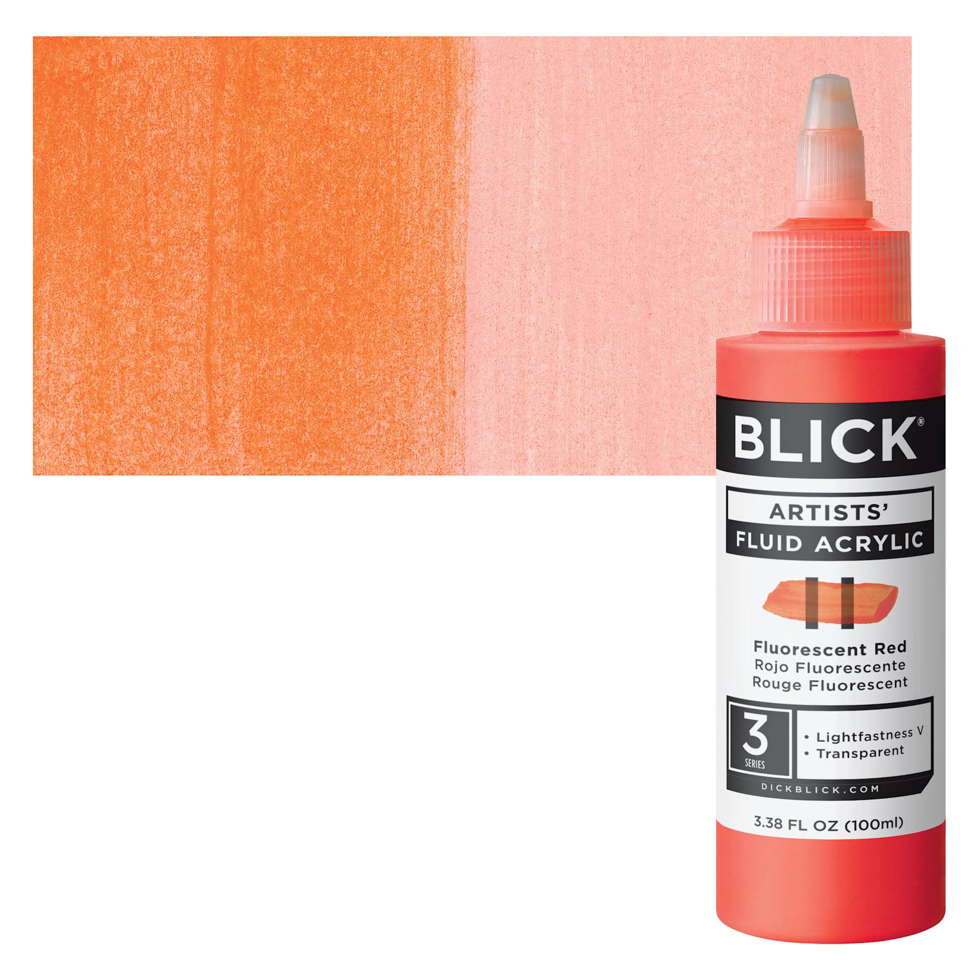 Blick Artists’ Fluid Acrylic - Fluorescent Red, 100 ml bottle and swatch