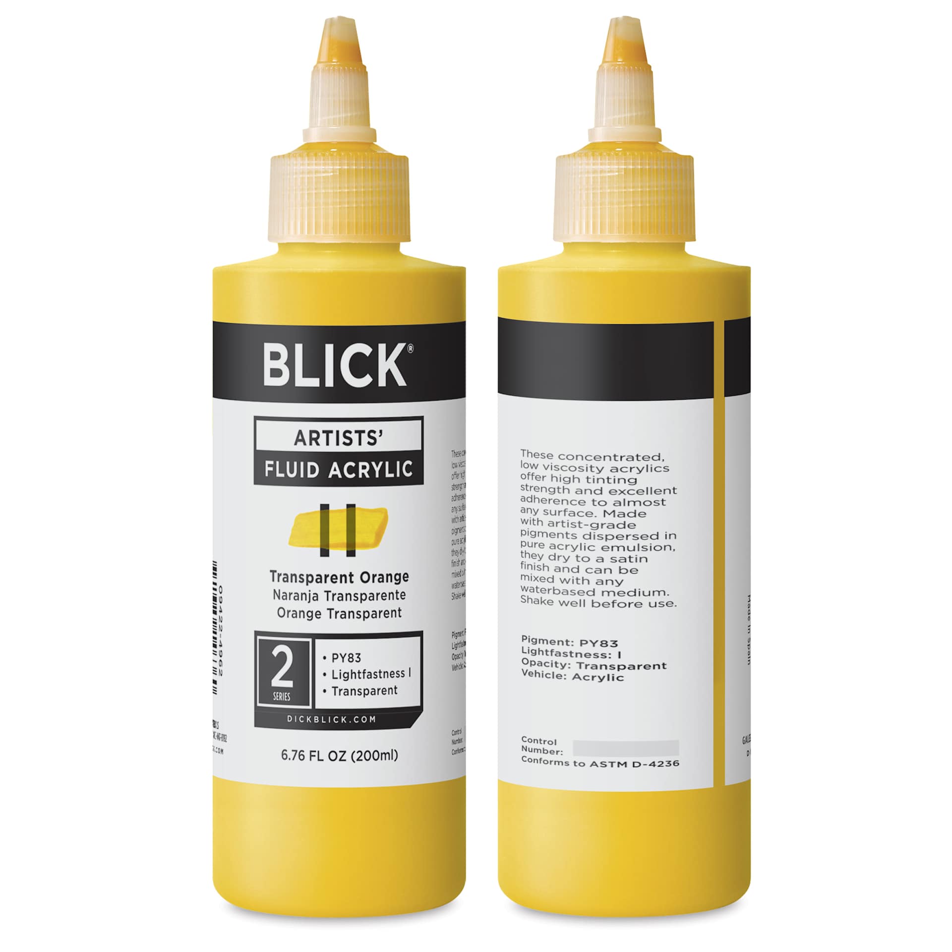 Blick Artists’ Fluid Acrylics, front and back of bottle Blick Artists’ Fluid Acrylics, front and back of bottle