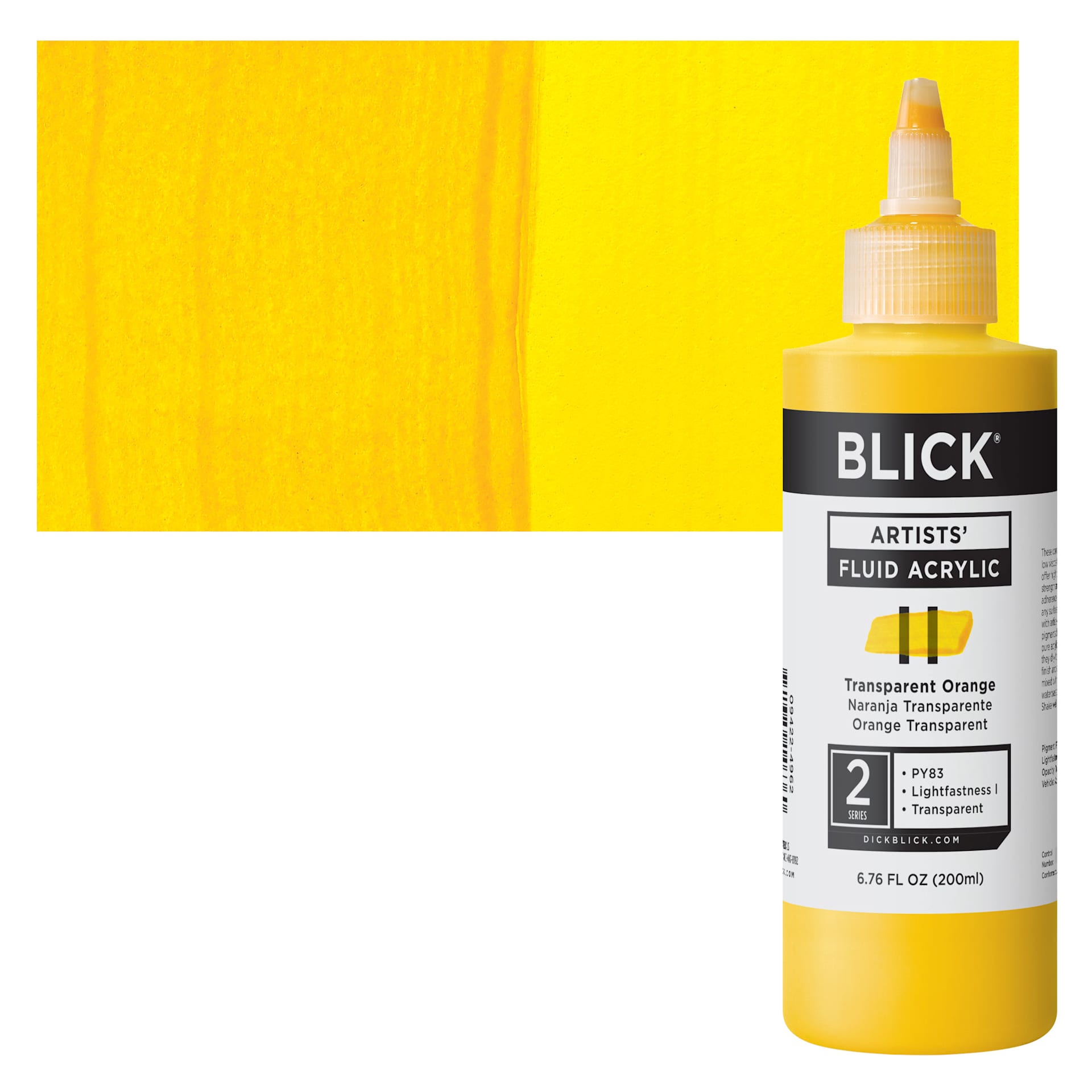 Blick Artists’ Fluid Acrylic - Transparent Orange, 200 ml bottle and swatch