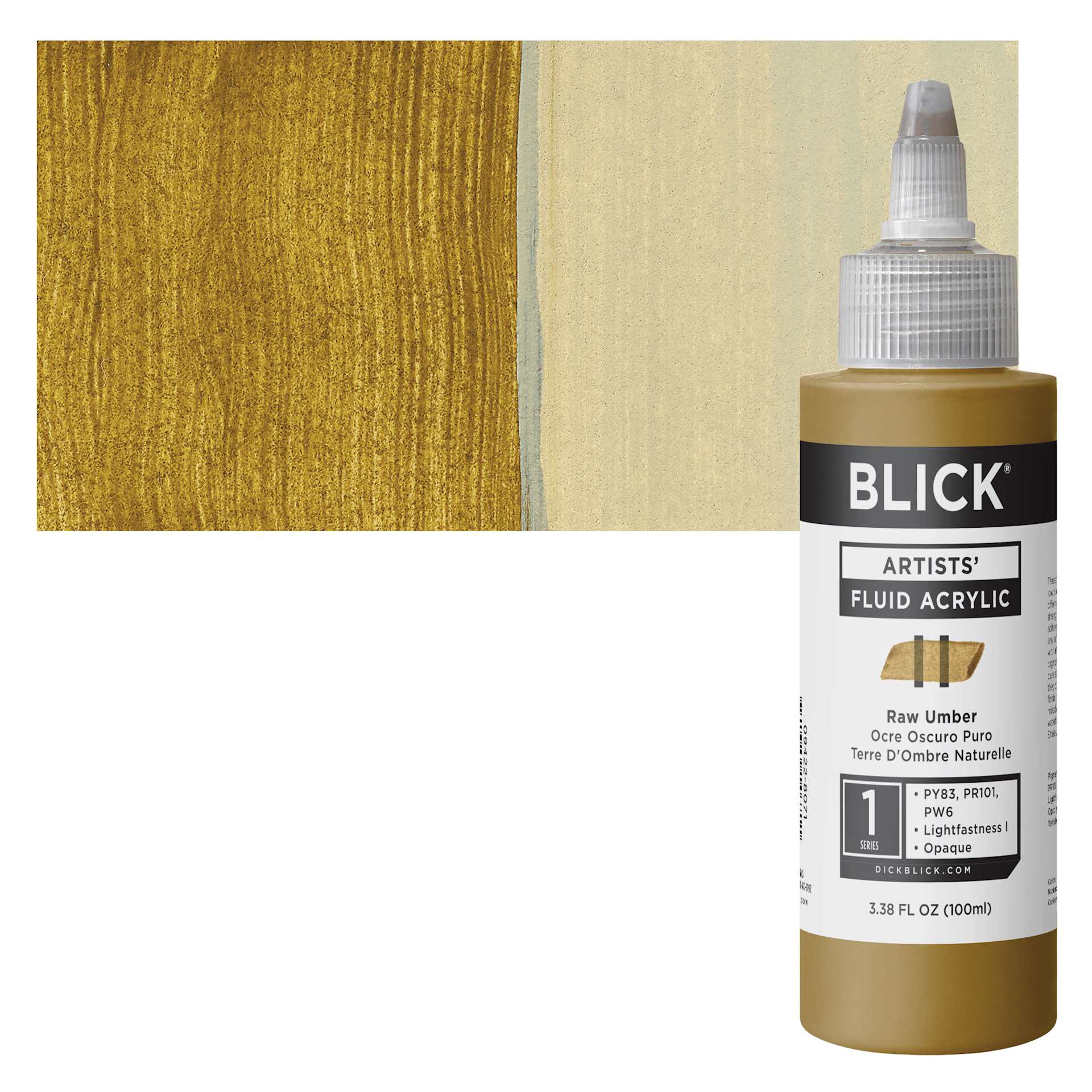 Blick Artists’ Fluid Acrylic - Raw Umber, 100 ml, Bottle and Swatch
