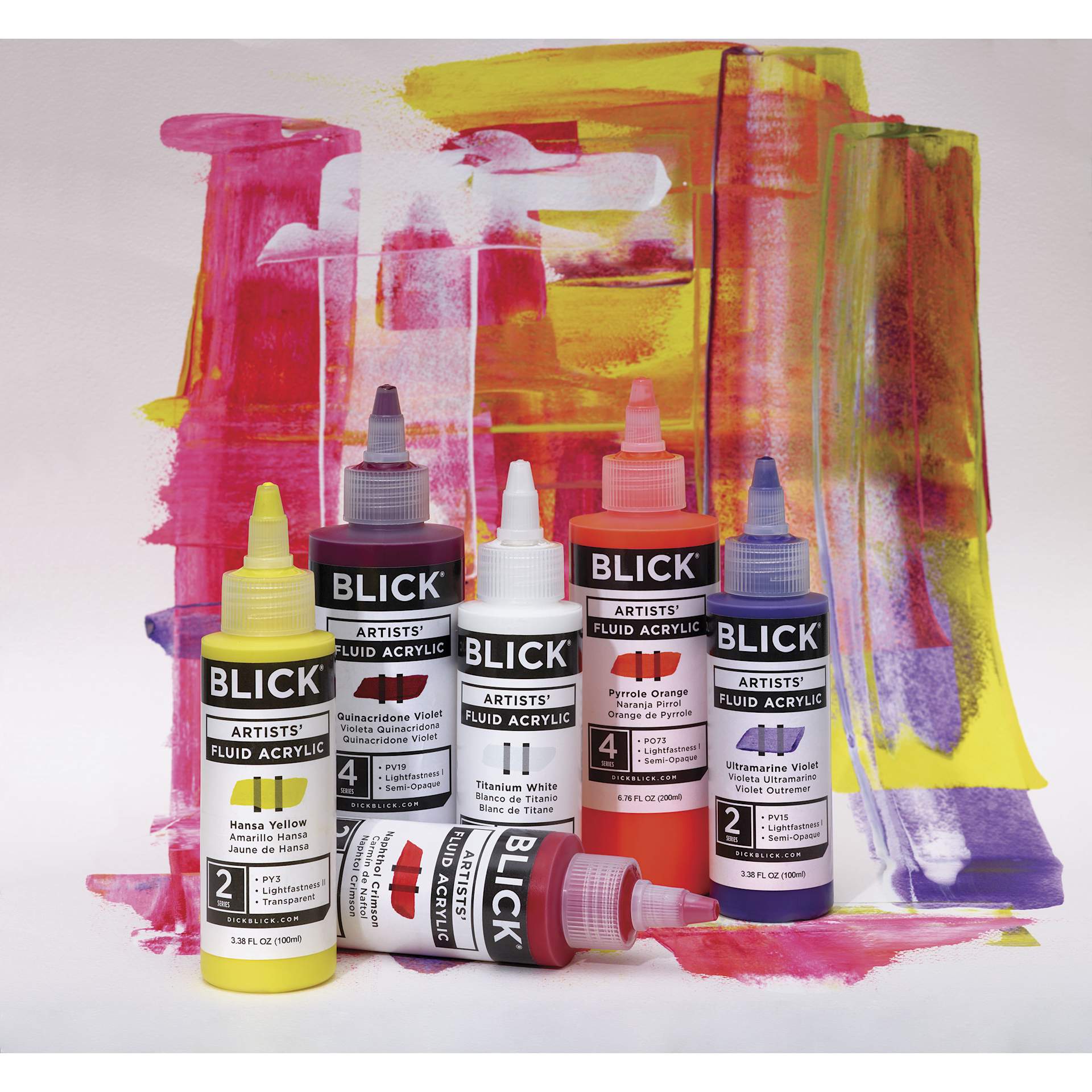 Blick Artists’ Fluid Acrylics, multiple bottles with swatches Blick Artists’ Fluid Acrylics, multiple bottles with swatches