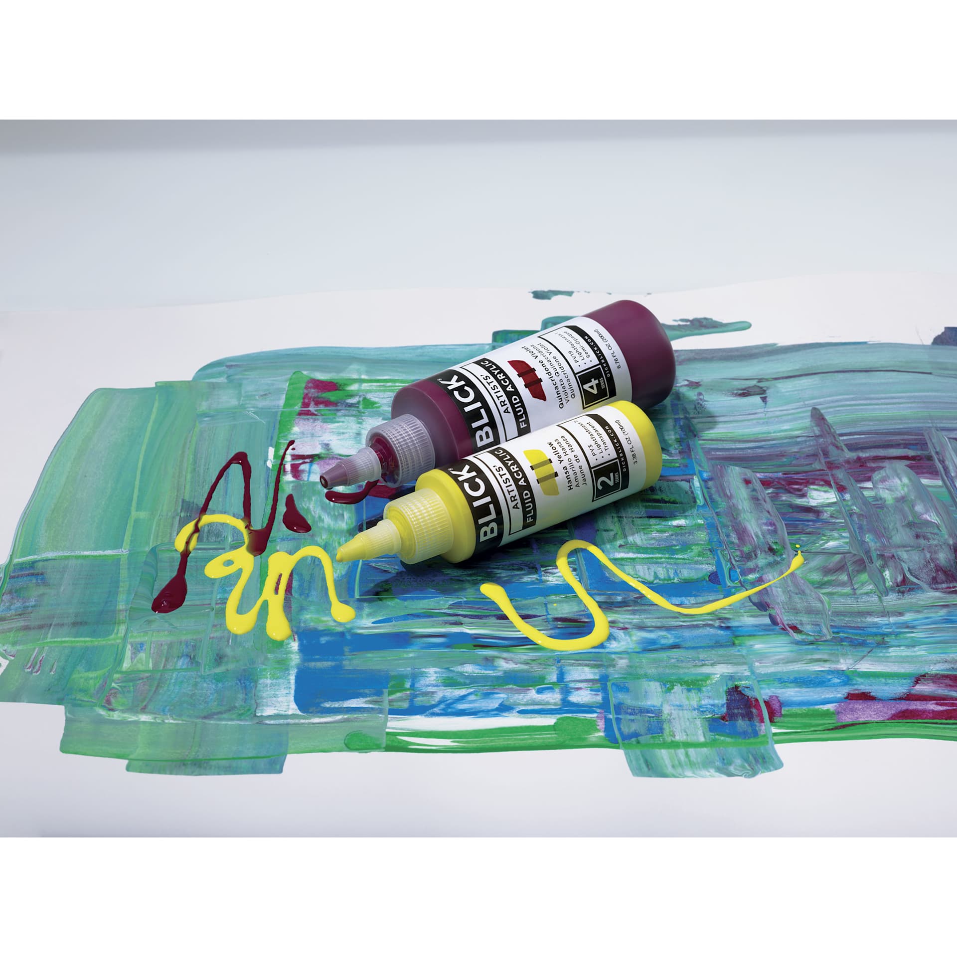 Blick Artists’ Fluid Acrylics, paint on table Blick Artists’ Fluid Acrylics, paint on table