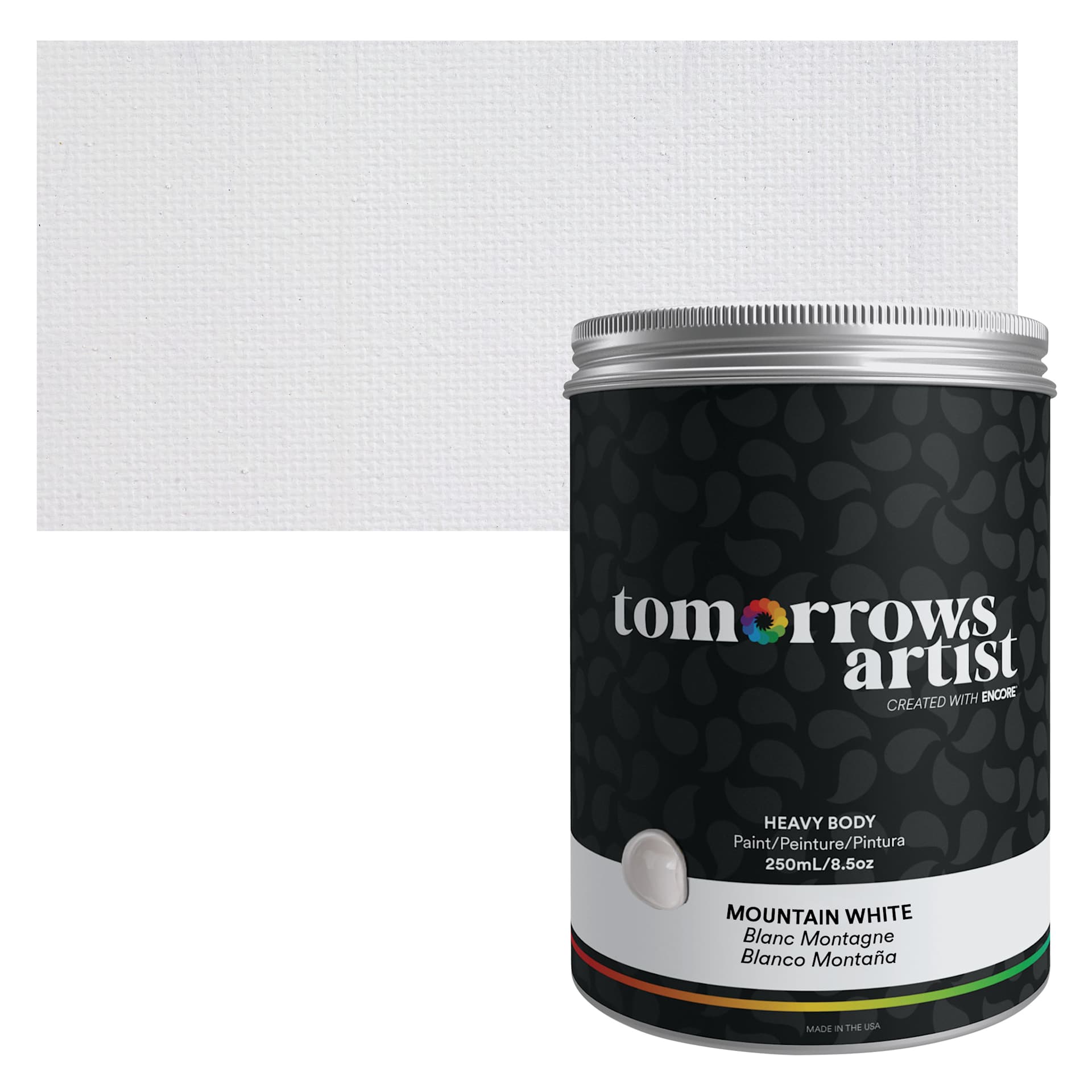 Tomorrow's Artist Eco-Friendly Heavy Body Acrylic Paint - Mountain White, 250 ml jar and swatch