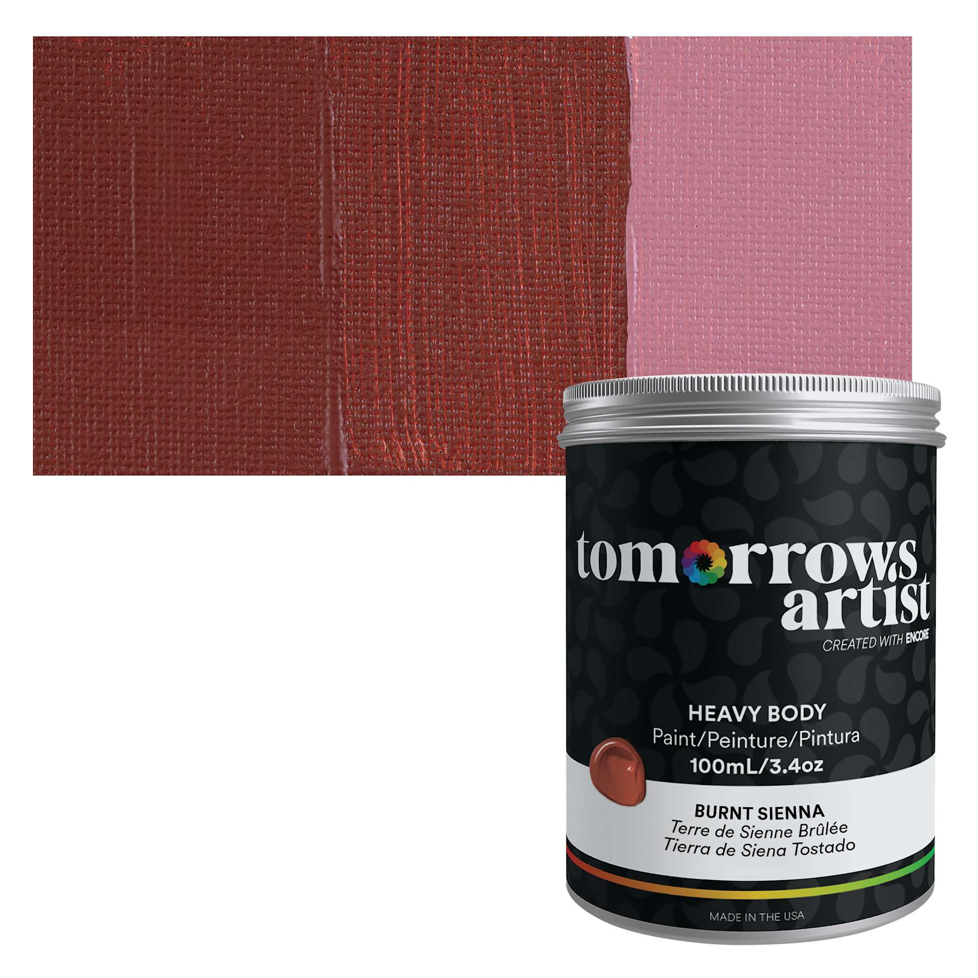 Tomorrow's Artist Eco-Friendly Heavy Body Acrylic Paint - Burnt Sienna, 100 ml jar and swatch