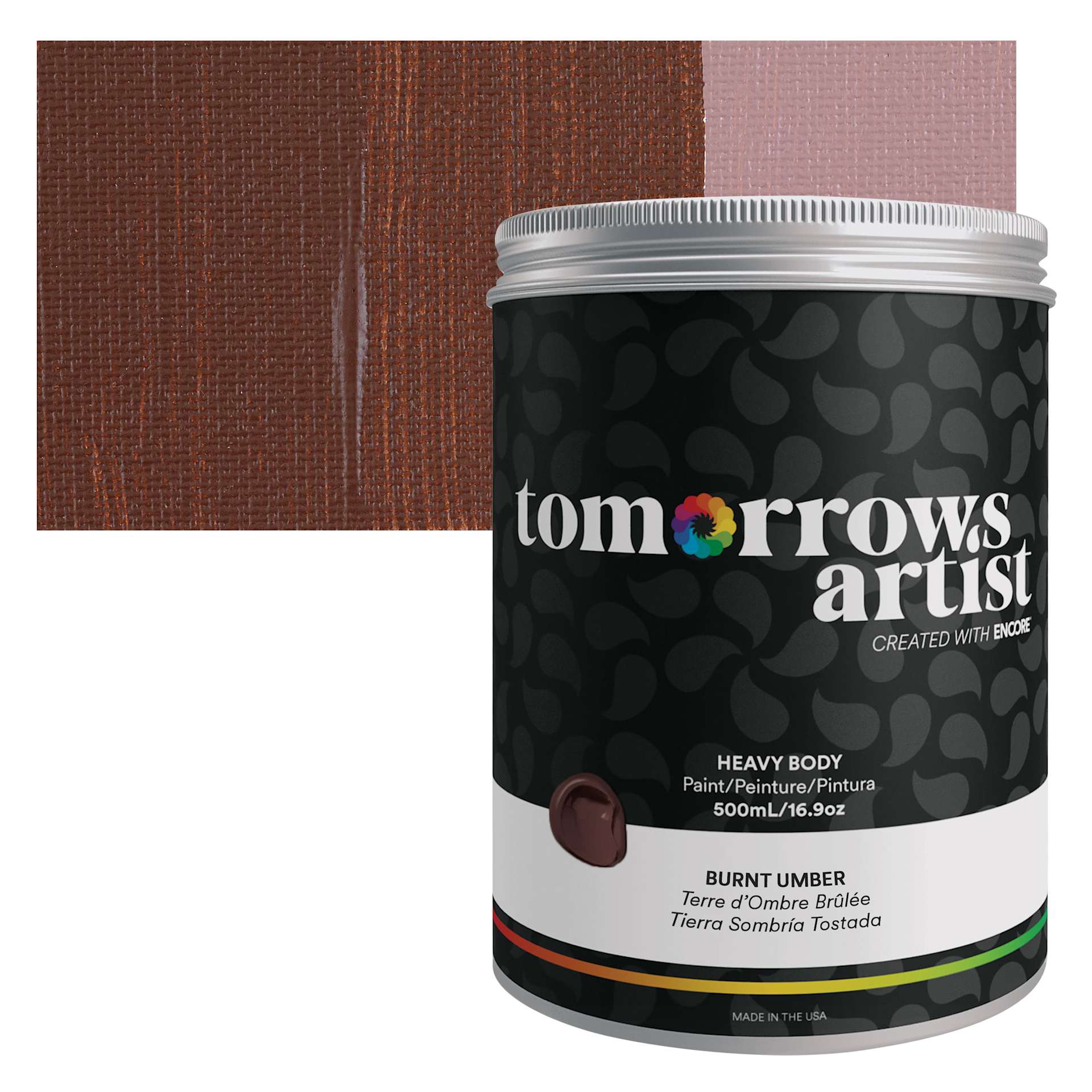 Tomorrow's Artist Eco-Friendly Heavy Body Acrylic Paint - Burnt Umber, 500 ml jar and swatch