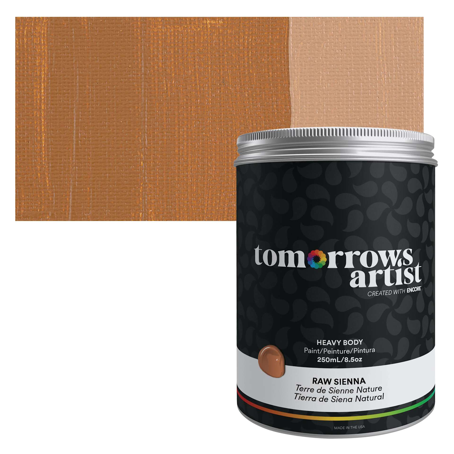 Tomorrow's Artist Eco-Friendly Heavy Body Acrylic Paint - Raw Sienna, 250 ml jar and swatch