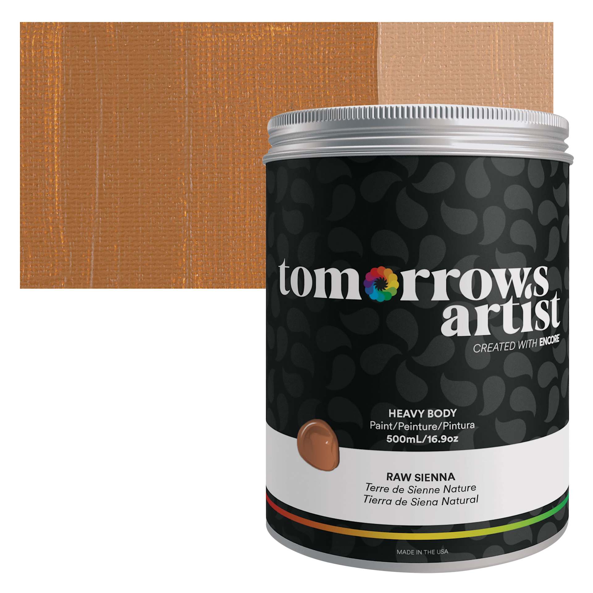 Tomorrow's Artist Eco-Friendly Heavy Body Acrylic Paint - Raw Sienna, 500 ml jar and swatch