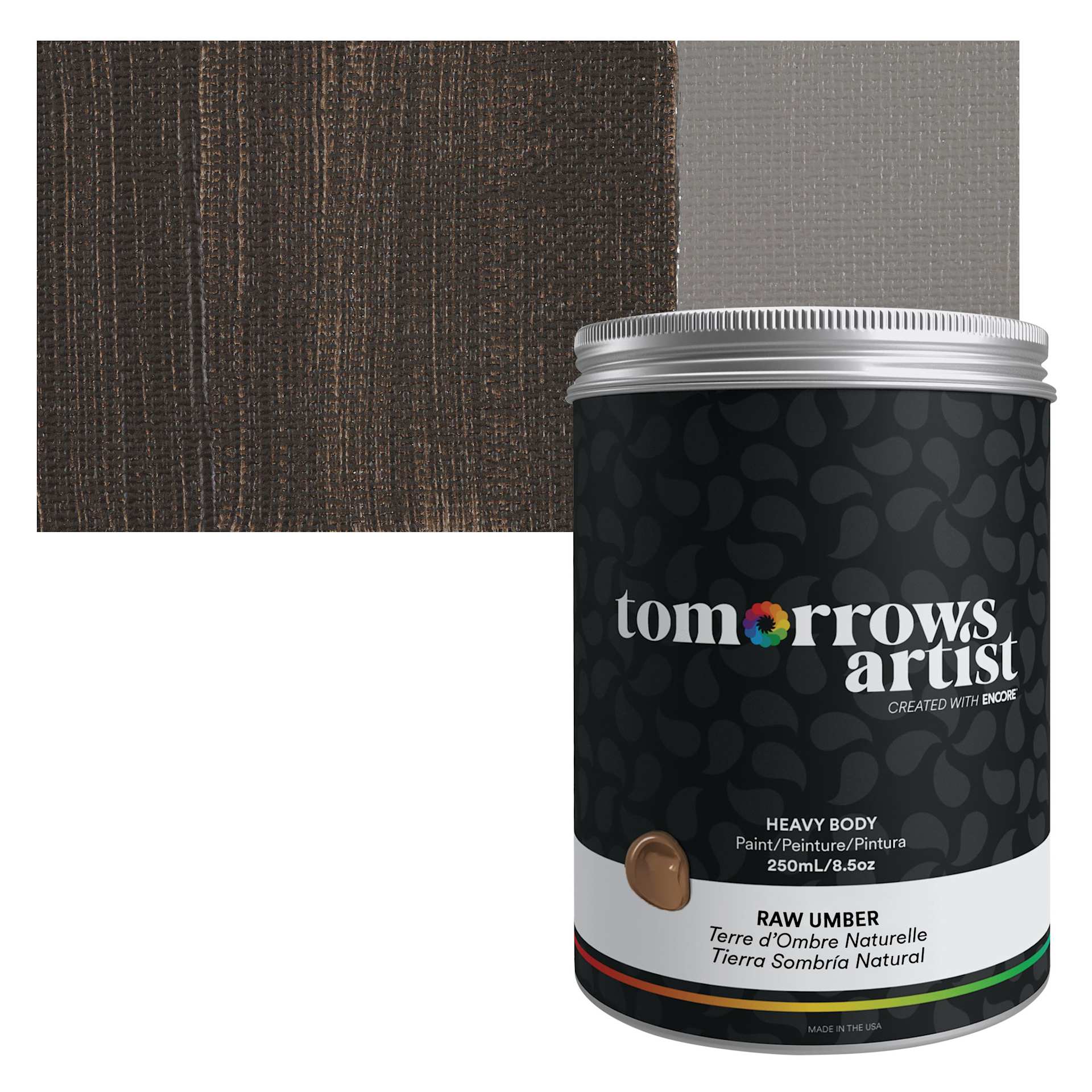 Tomorrow's Artist Eco-Friendly Heavy Body Acrylic Paint - Raw Umber, 250 ml jar and swatch