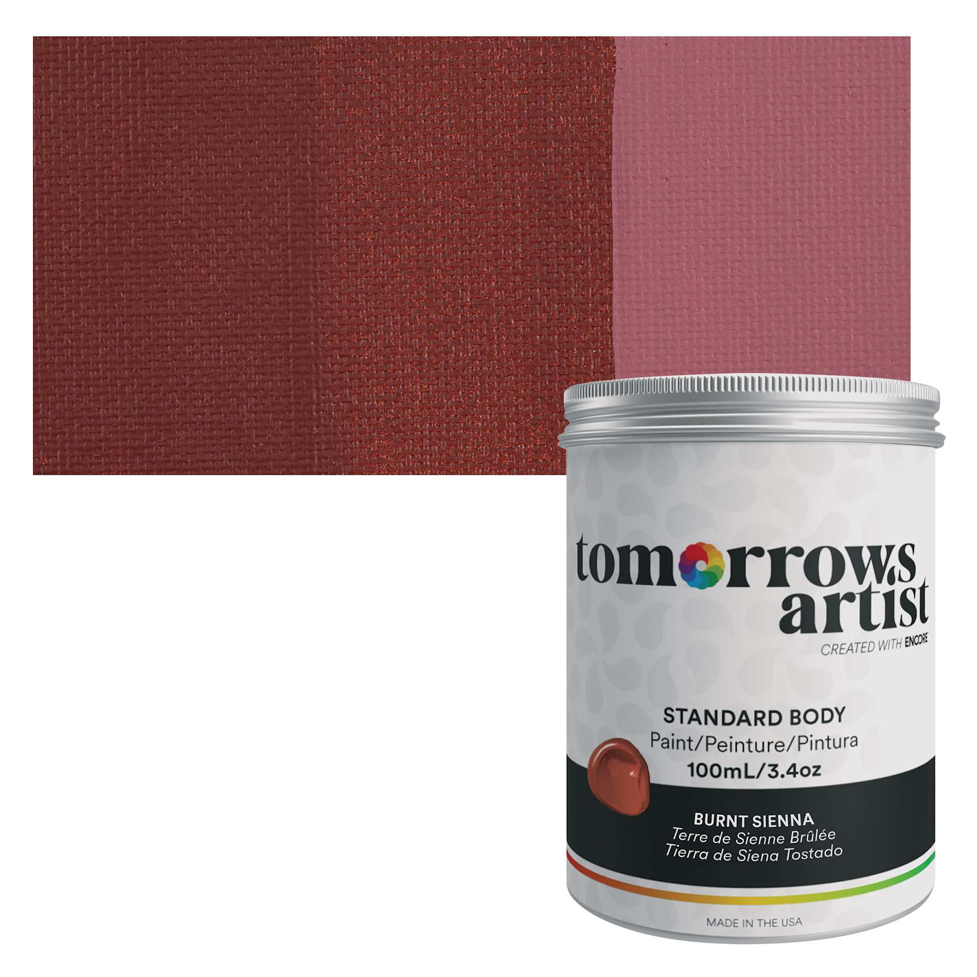 Tomorrow's Artist Eco-Friendly Standard Body Acrylic Paint - Burnt Sienna, 100 ml jar and swatch