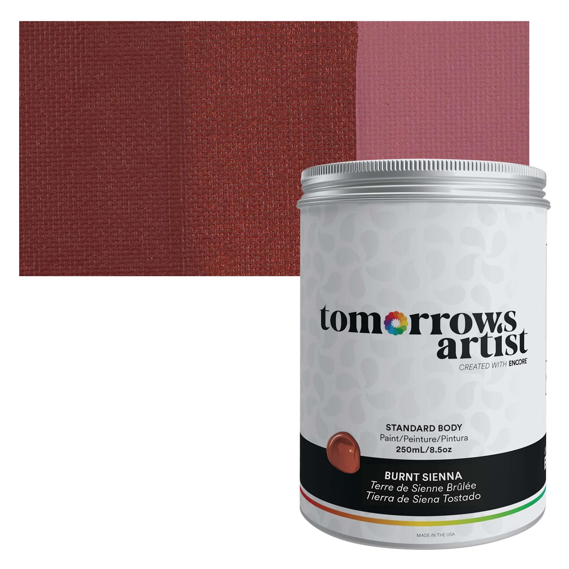 Tomorrow's Artist Eco-Friendly Standard Body Acrylic Paint - Burnt Sienna, 250 ml jar and swatch