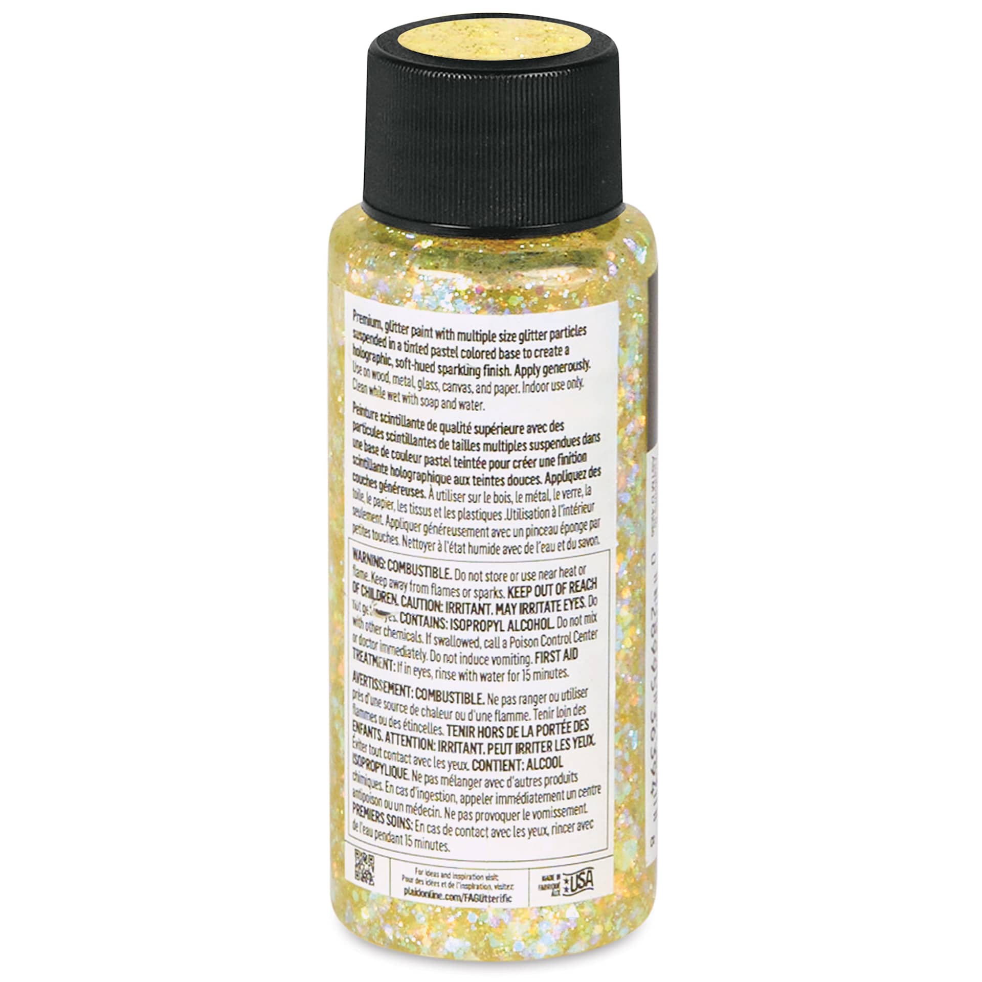 FolkArt Glitterific Pastel Paint - Pastel Yellow, 2 oz, back of bottle