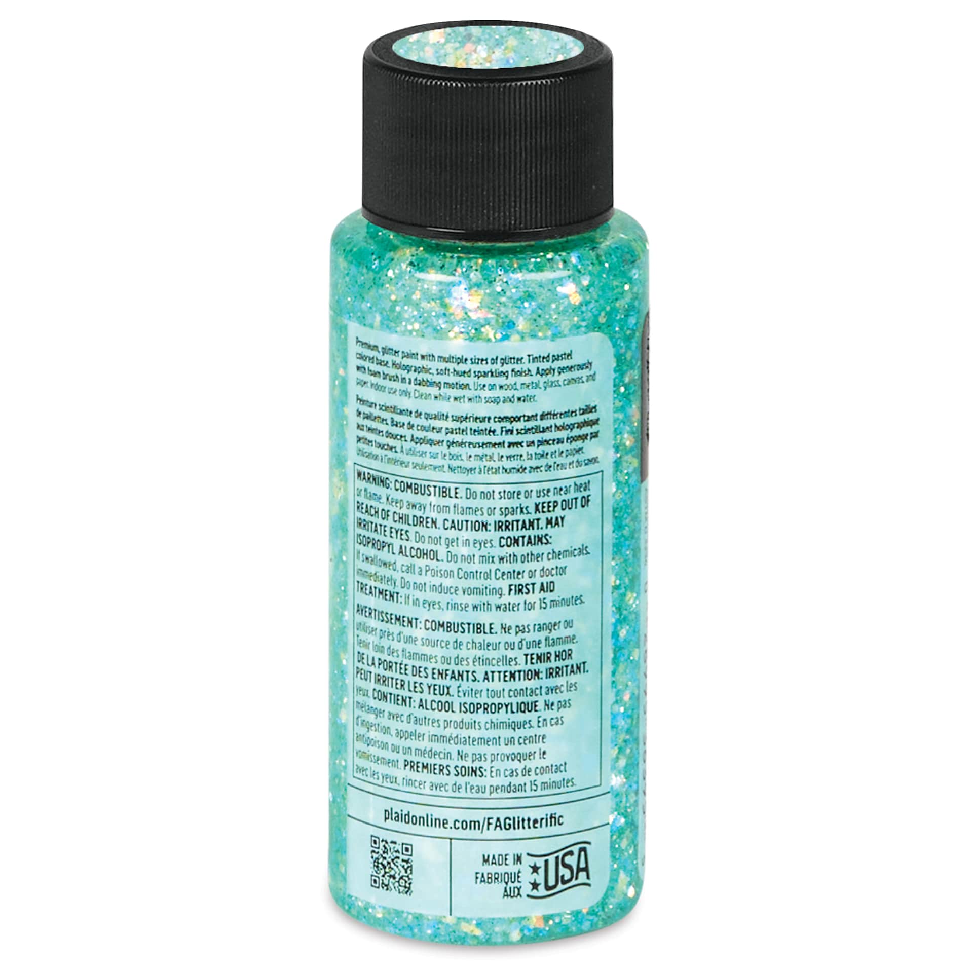 FolkArt Glitterific Pastel Paint - Pastel Mint, 2 oz, back of bottle