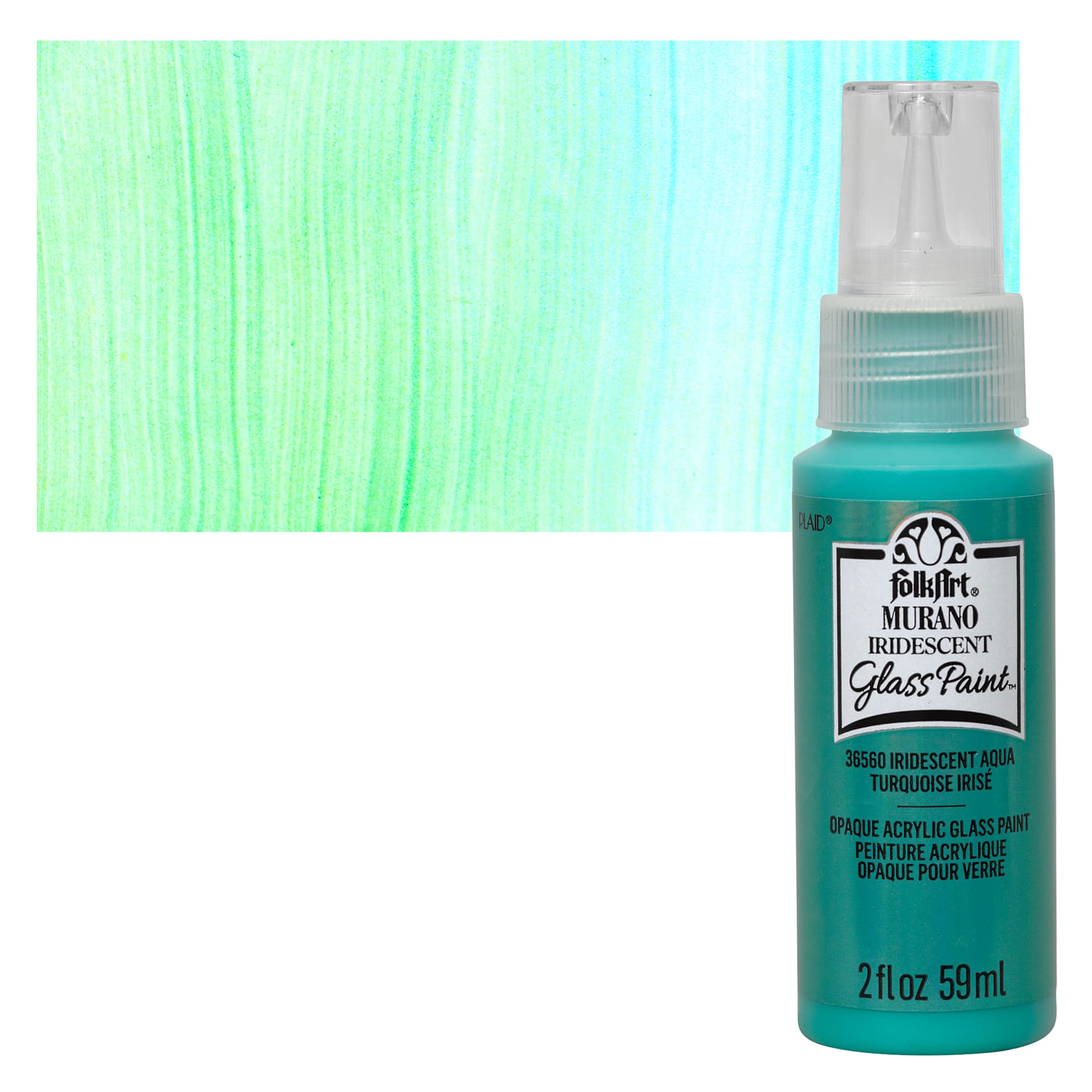 FolkArt Murano Glass Paint - Iridescent Aqua, 2 oz bottle and swatch