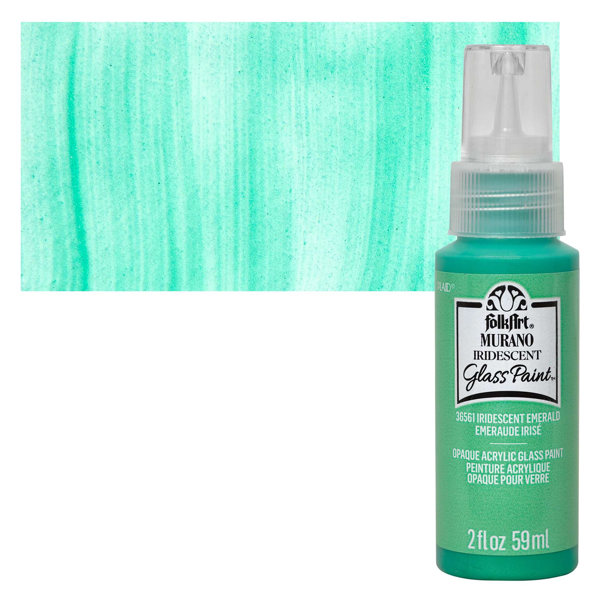 FolkArt Murano Glass Paint - Iridescent Emerald, 2 oz bottle and swatch