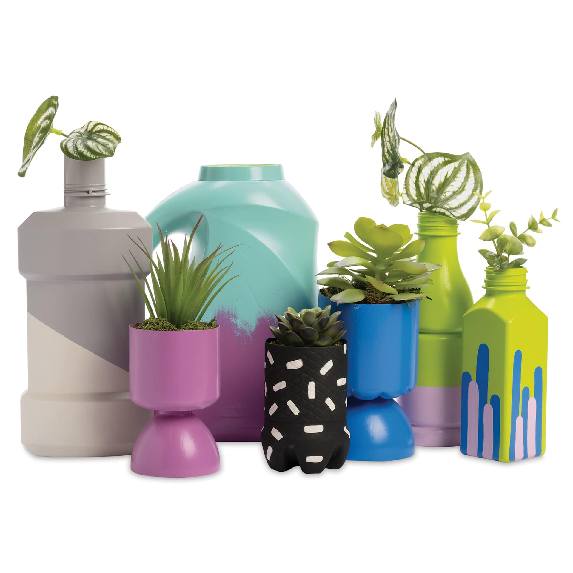 Upcycled bottles painted with FolkArt Paints for Plastics.