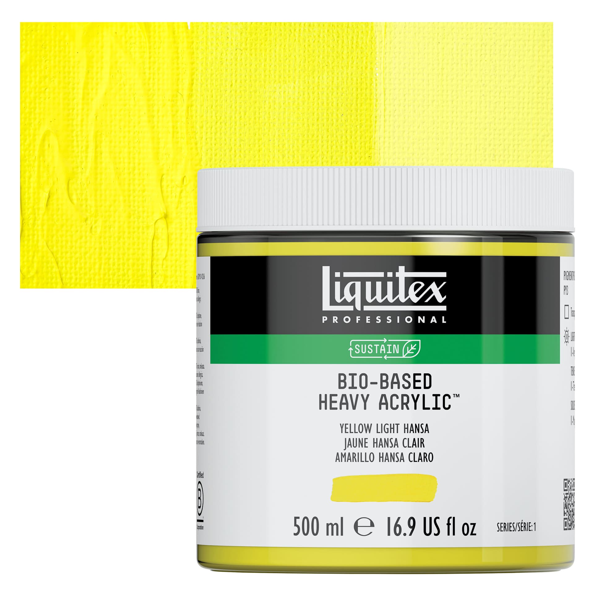 Liquitex Bio-Based Heavy Acrylic Paint - Yellow Light Hansa, 500 ml jar and swatch