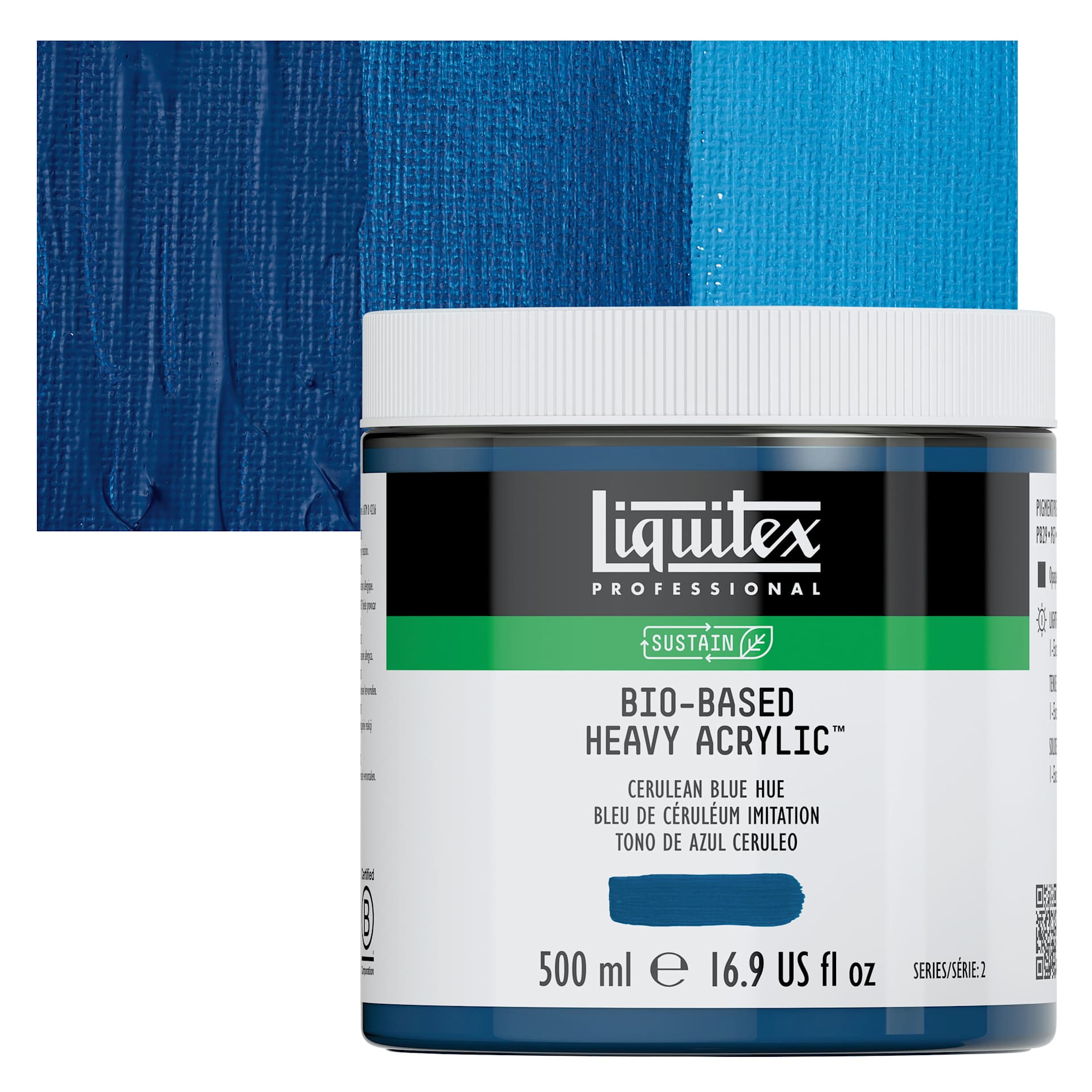 Liquitex Bio-Based Heavy Acrylic Paint - Cerulean Blue Hue, 500 ml jar and swatch