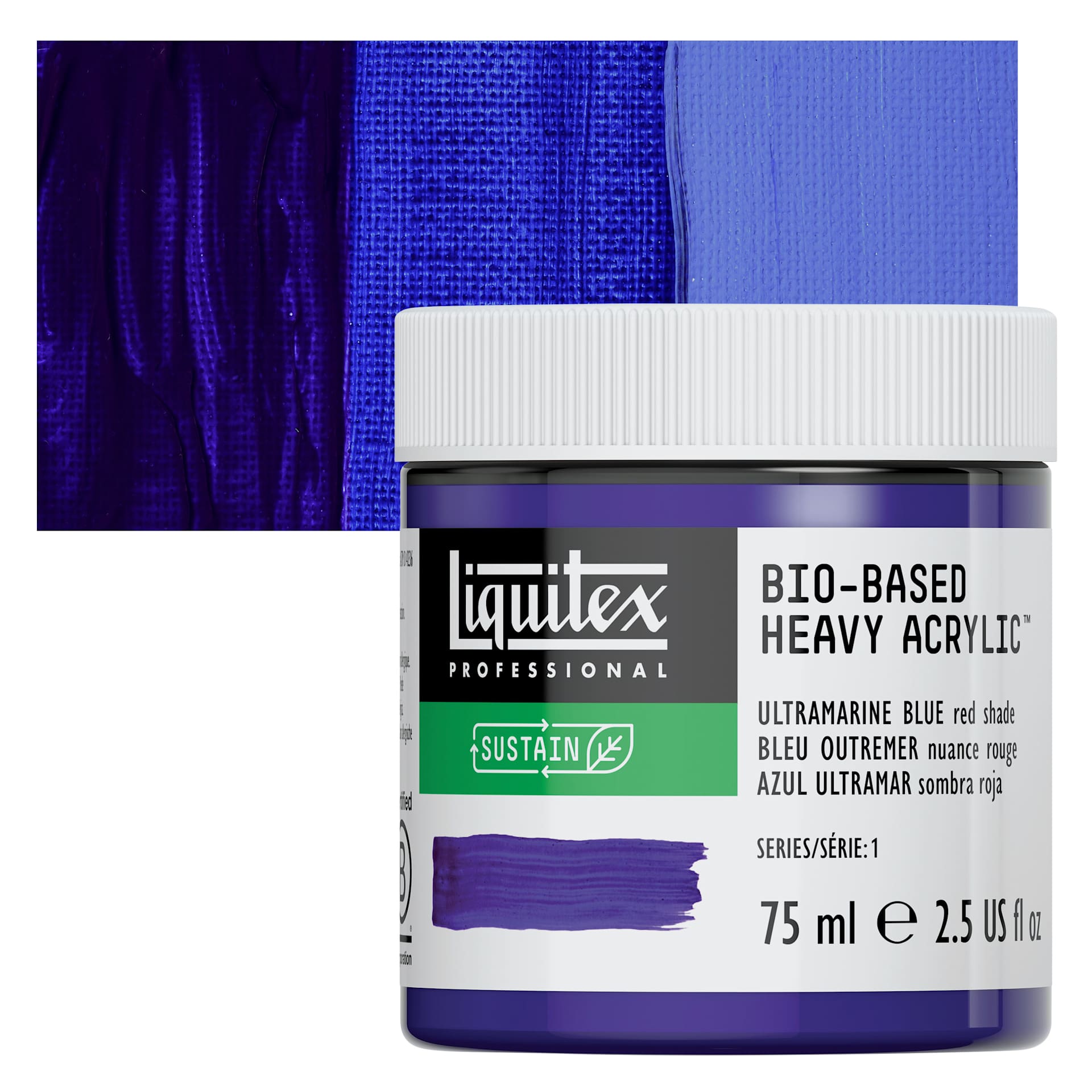 Liquitex Bio-Based Heavy Acrylic Paint - Ultramarine Blue (Red Shade), 75 ml jar and swatch