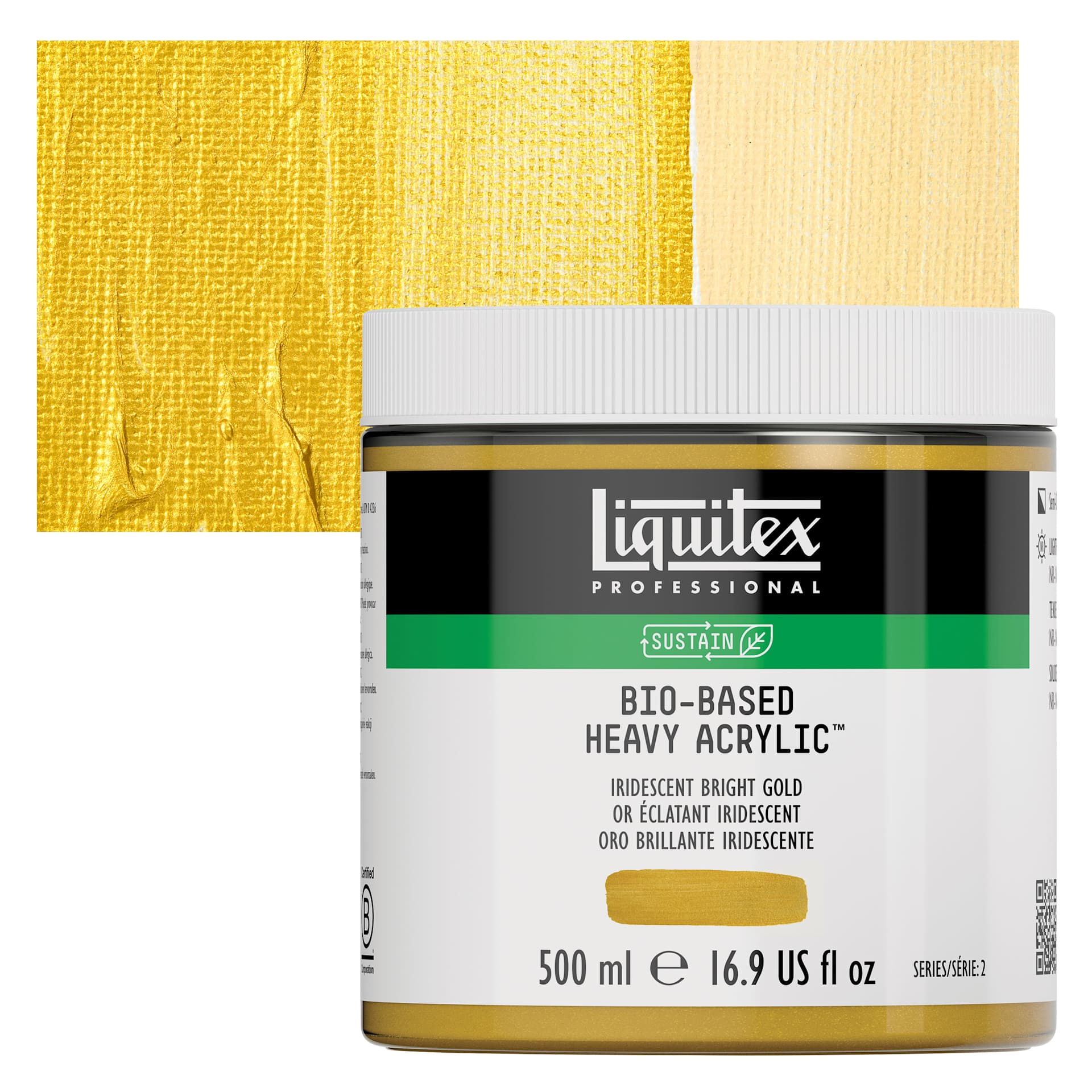 Liquitex Bio-Based Heavy Acrylic Paint - Iridescent Bright Gold, 500 ml jar and swatch