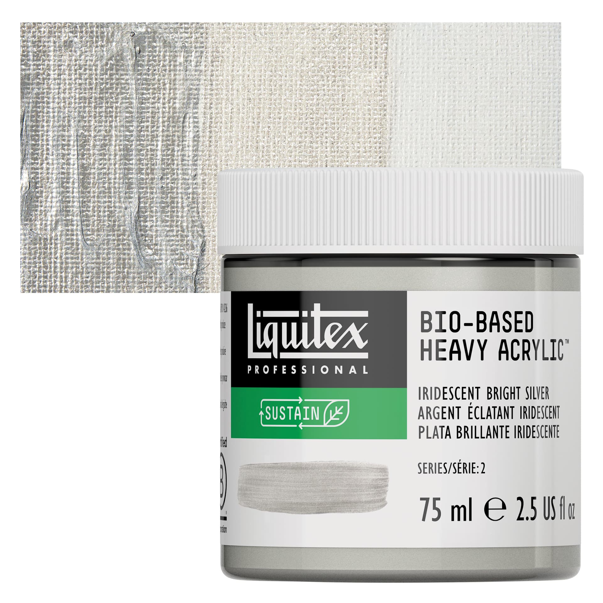 Liquitex Bio-Based Heavy Acrylic Paint - Iridescent Bright Silver, 75 ml jar and swatch