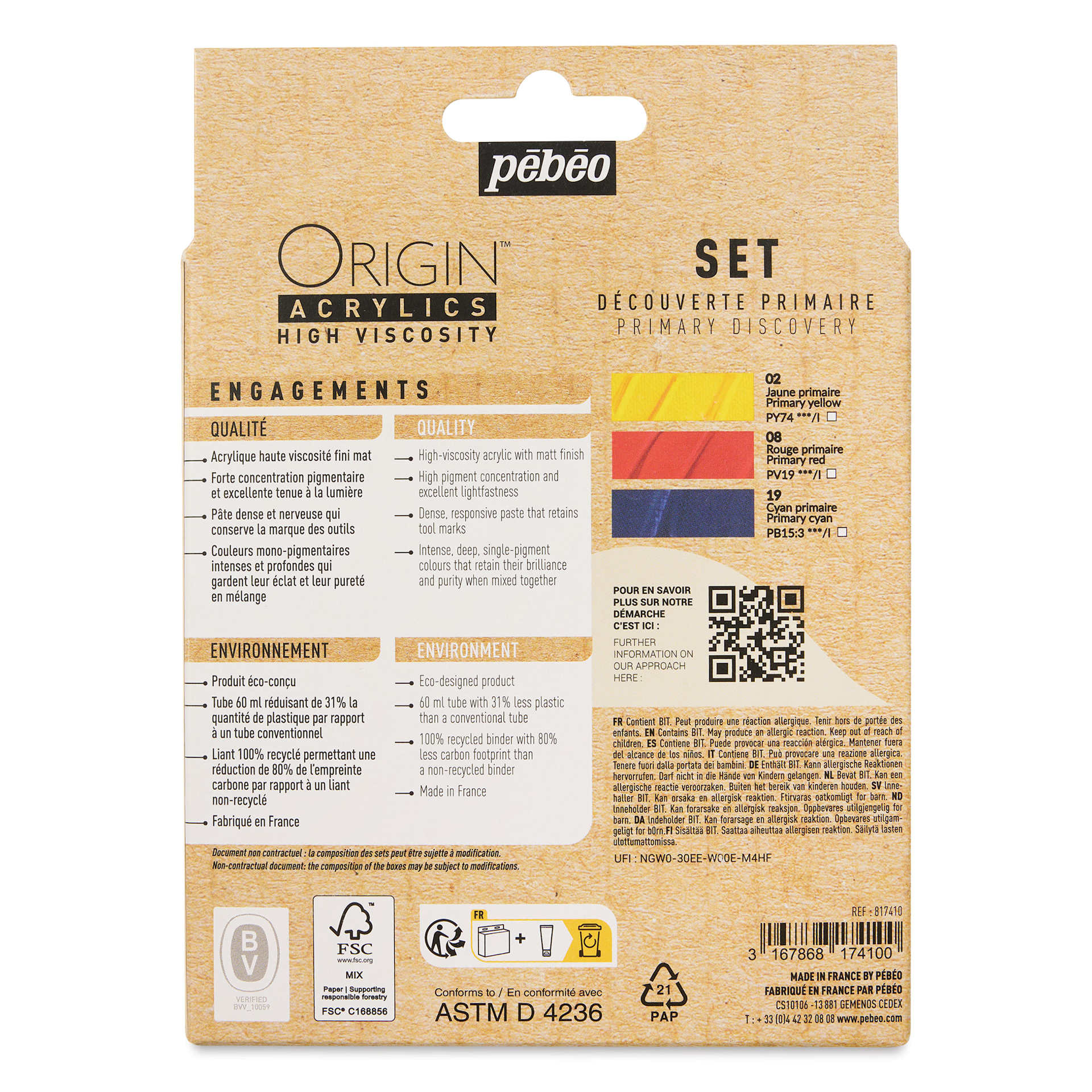 Pebeo Origin Acrylic Paints - Set of 3, Primary, 60 ml back of package