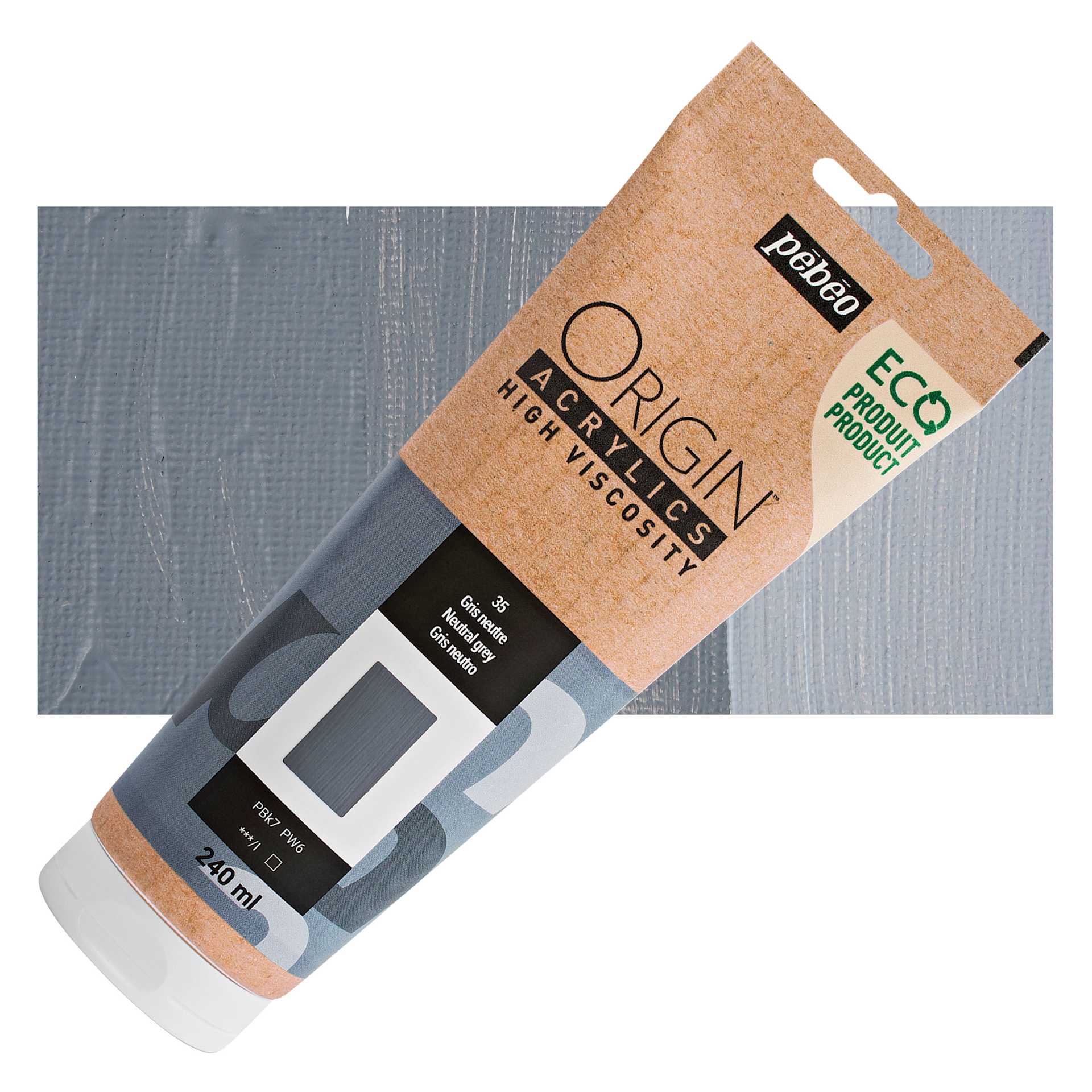 Pebeo Origin Acrylic Paint - Neutral Grey, 240 ml tube and swatch