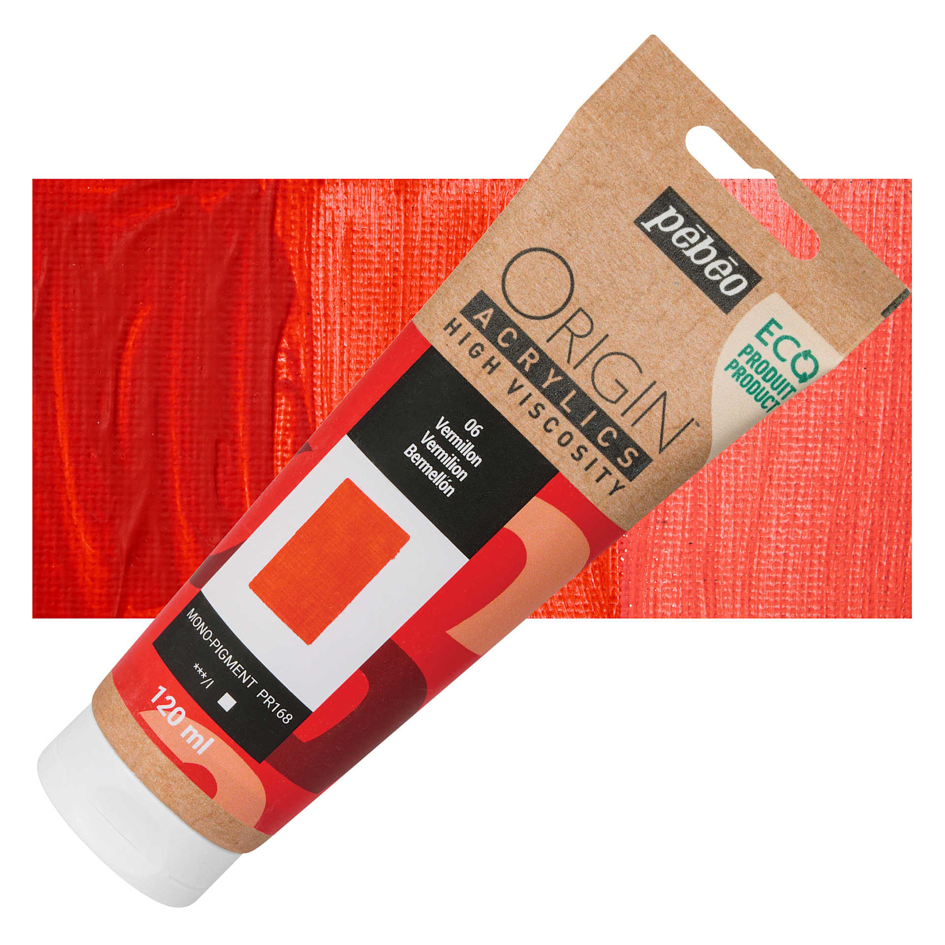 Pebeo Origin Acrylic Paint - Vermilion, 120 ml tube and swatch
