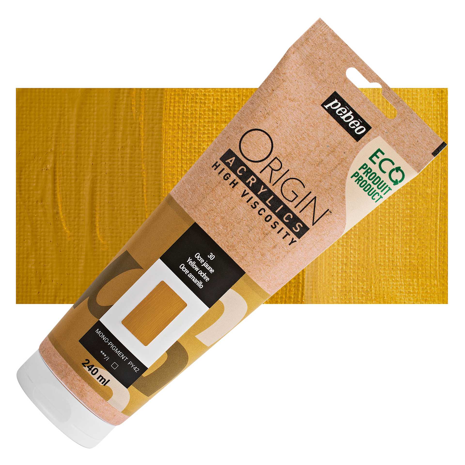 Pebeo Origin Acrylic Paint - Yellow Ochre, 240 ml tube and swatch