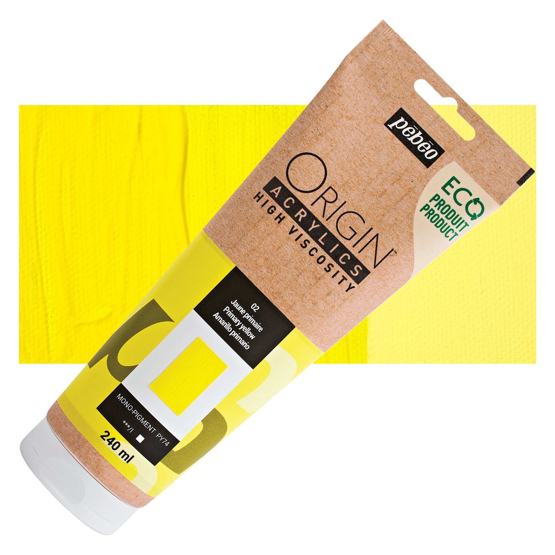 Pebeo Origin Acrylic Paint - Primary Yellow, 240 ml tube and swatch