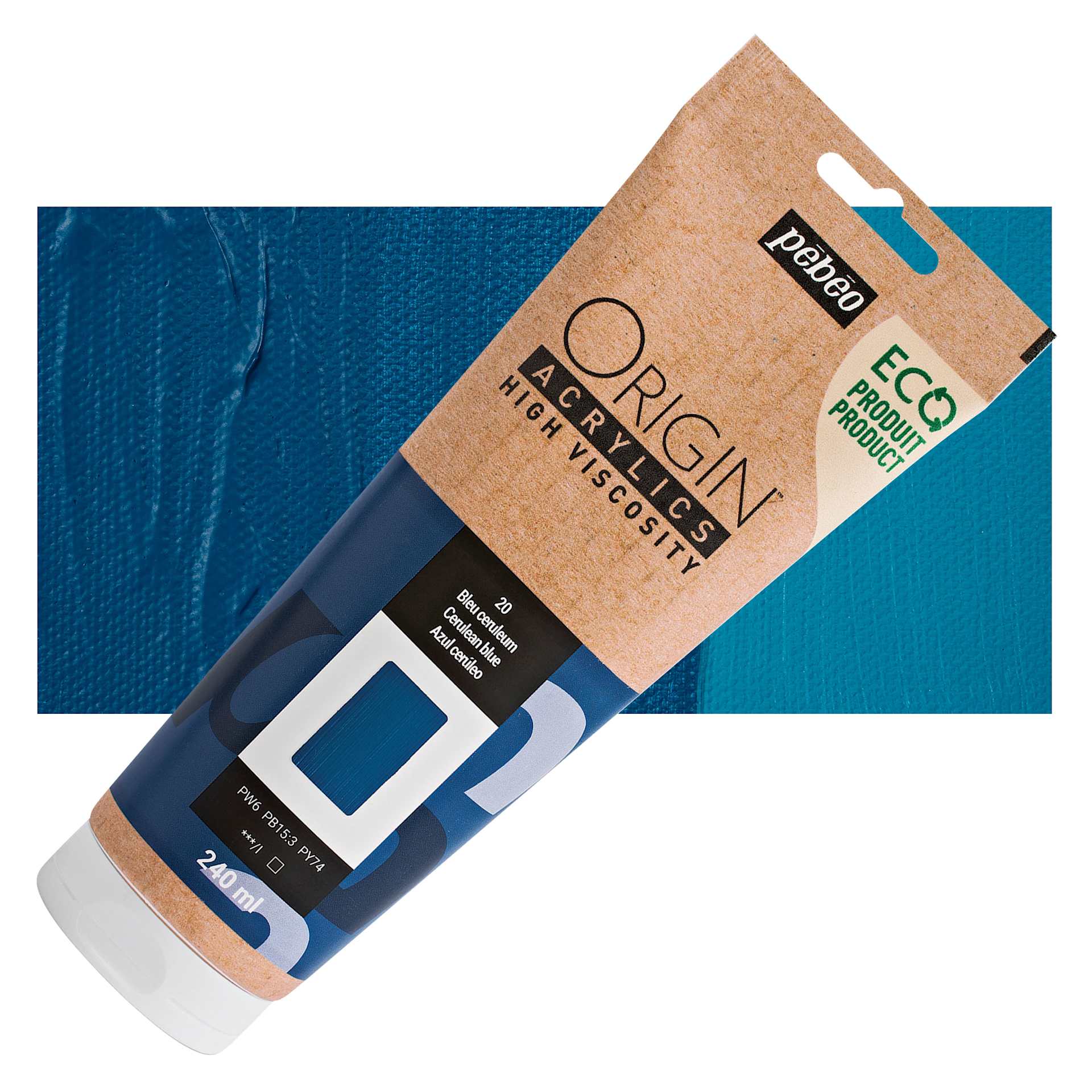 Pebeo Origin Acrylic Paint - Cerulean Blue, 240 ml tube and swatch