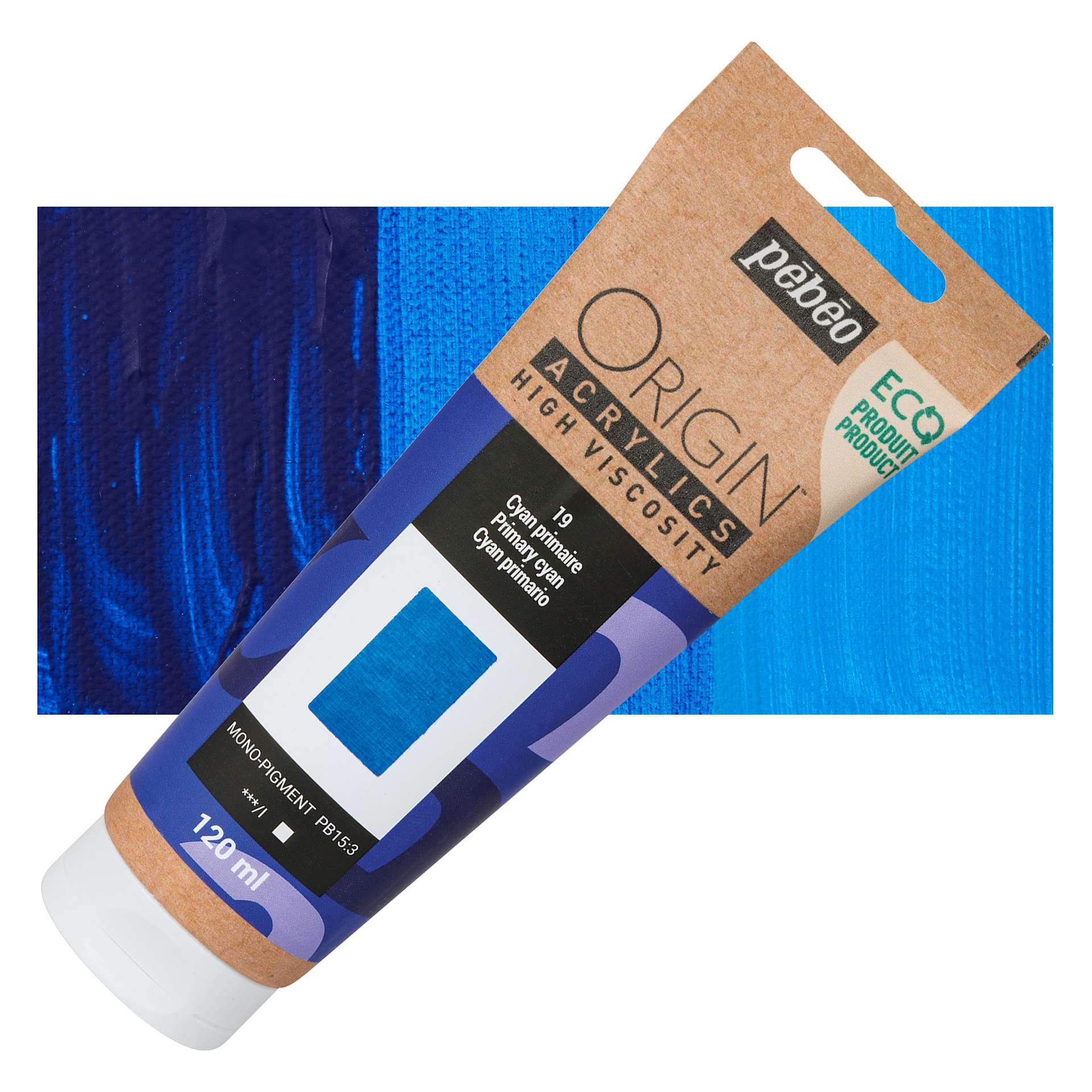 Pebeo Origin Acrylic Paint - Primary Cyan, 120 ml tube and swatch