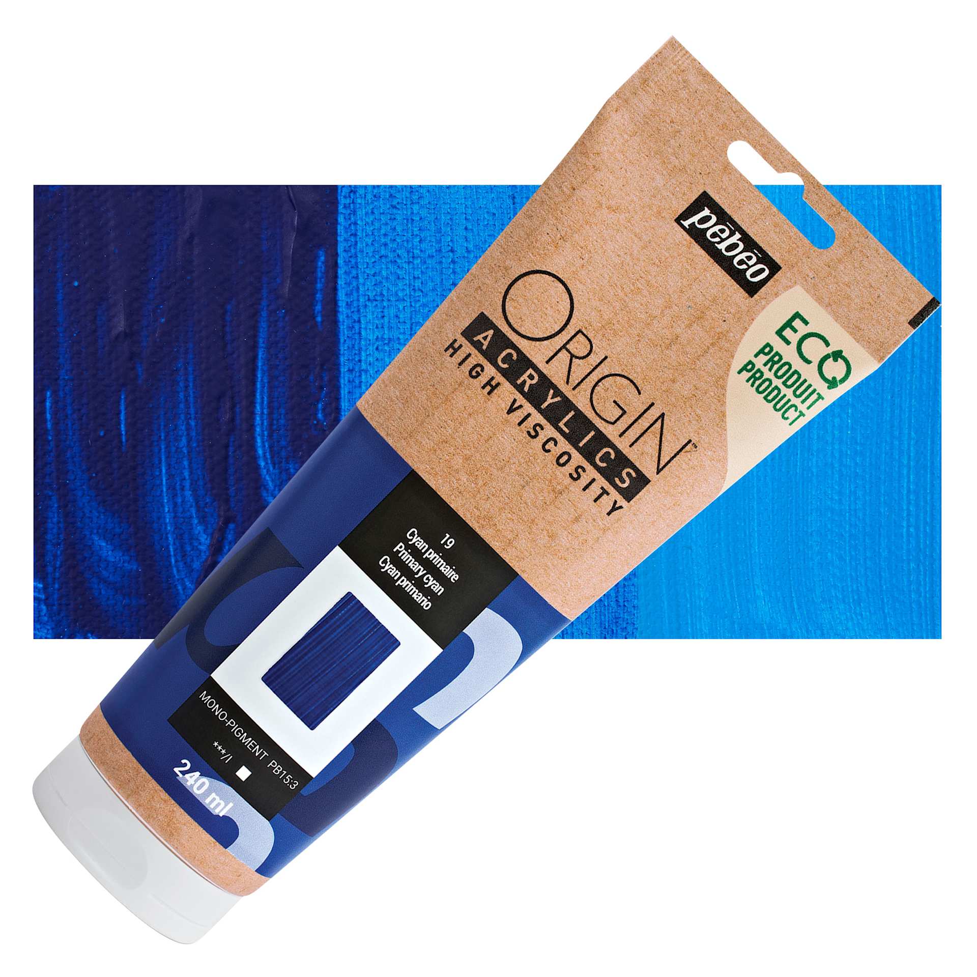 Pebeo Origin Acrylic Paint - Primary Cyan, 240 ml tube and swatch