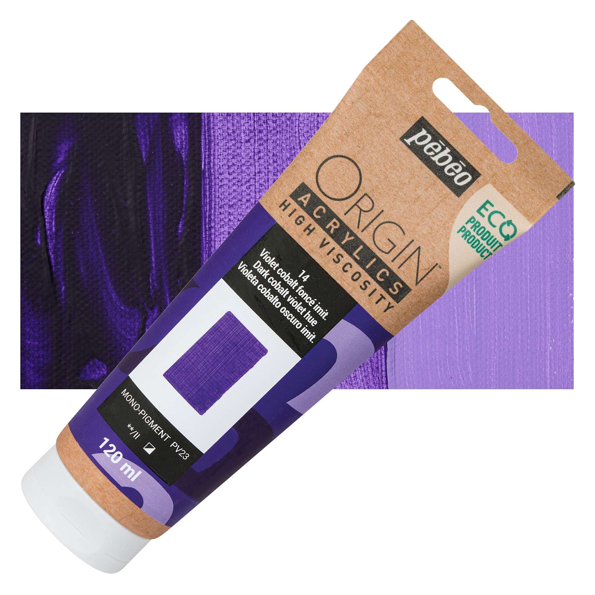 Pebeo Origin Acrylic Paint - Dark Cobalt Violet Hue, 120 ml tube and swatch
