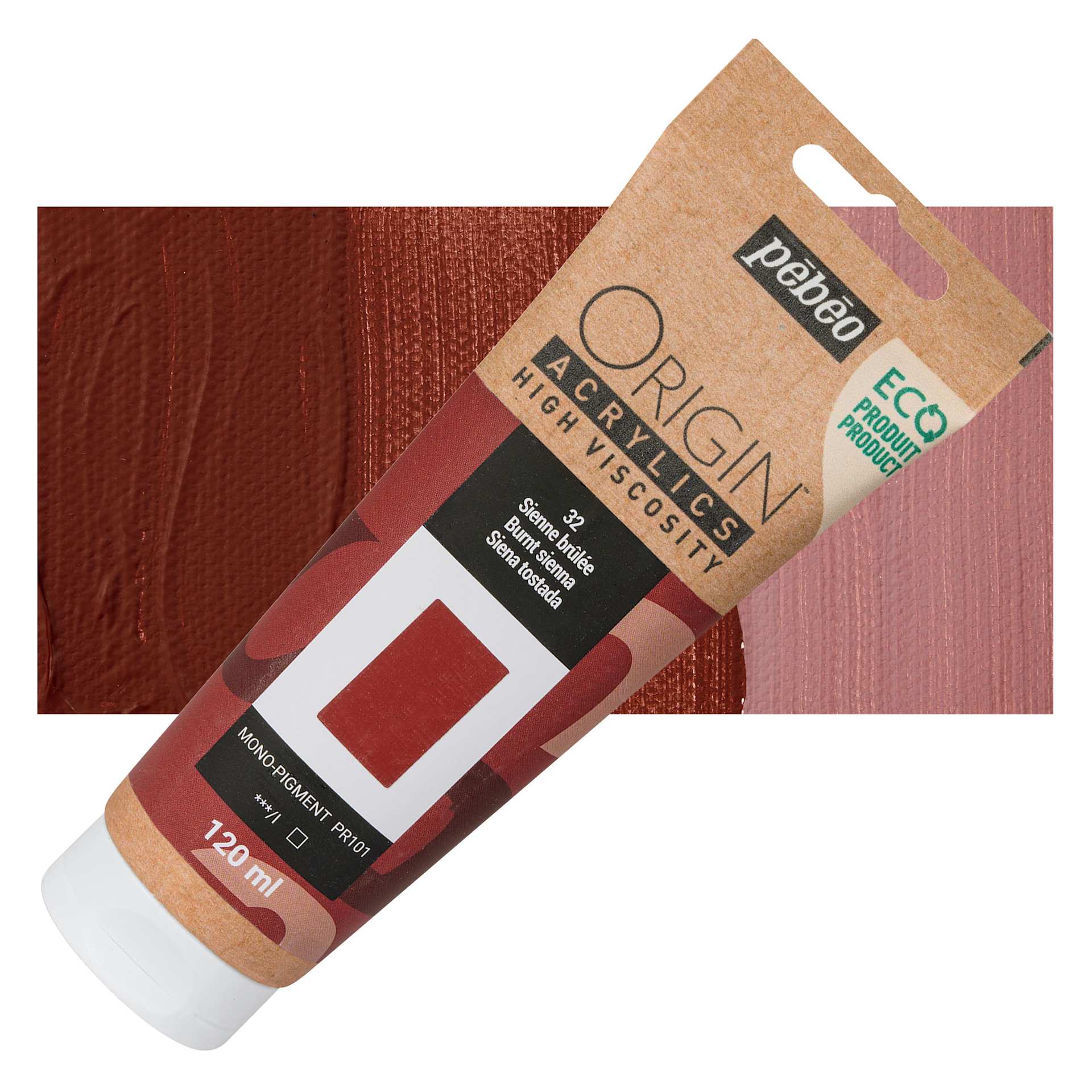 Pebeo Origin Acrylic Paint - Burnt Sienna, 120 ml tube and swatch