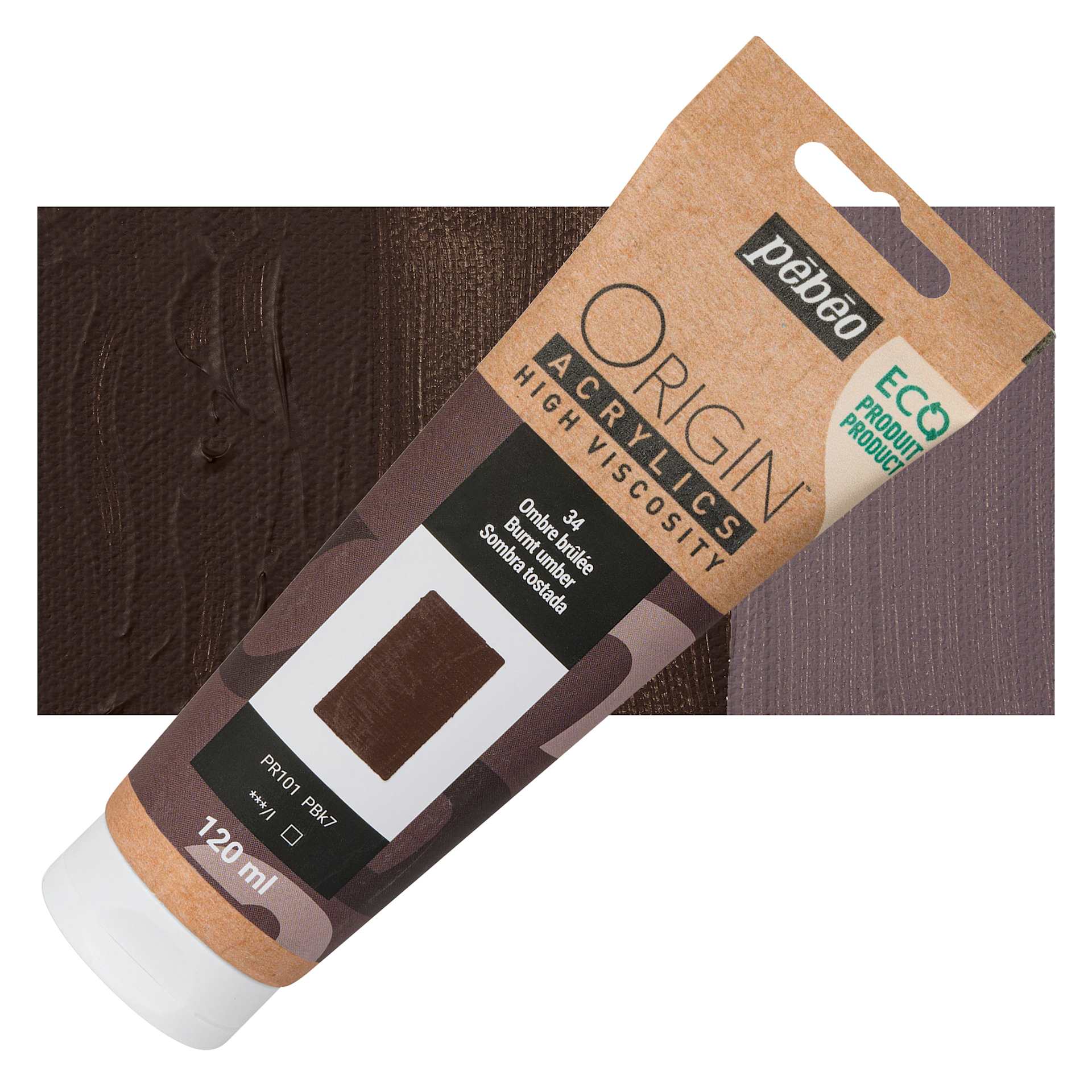 Pebeo Origin Acrylic Paint - Burnt Umber, 120 ml tube and swatch
